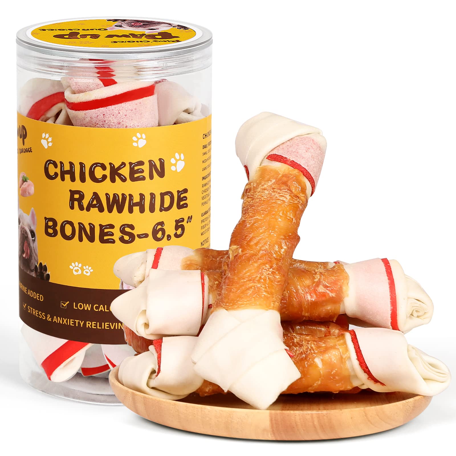 PAWUP Natural Rawhide Dog Bones for Large Breeds - 6.5 Inch Long Lasting Chew Treats (4 Pack, 10.5 oz) with Taurine & Chicken Flavor - Perfect for Dental Health, Anxiety Relief, and Training Rewards