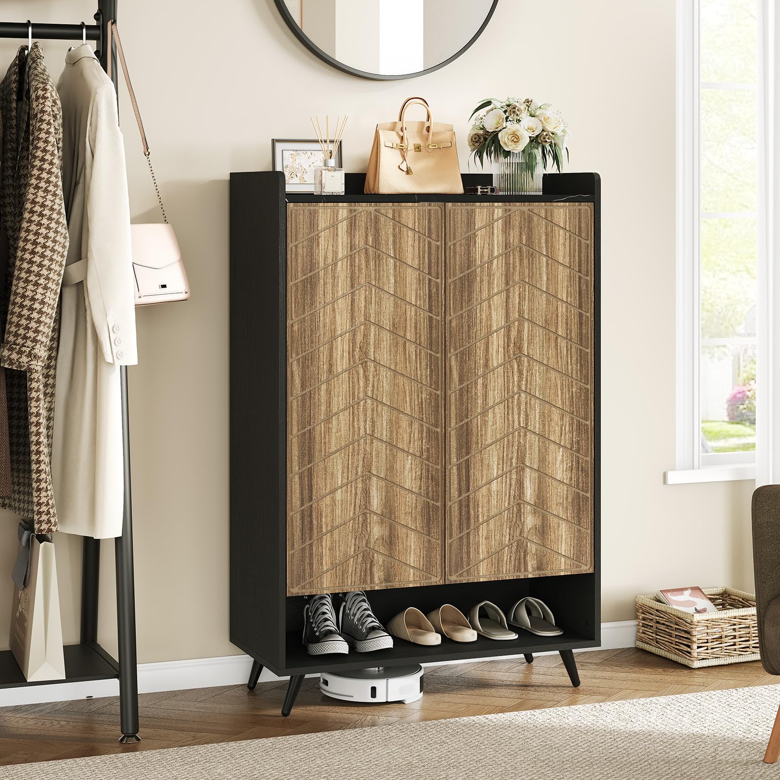 6-Tier Adjustable Shoe Storage Cabinet with Doors - Freestanding Shoe Organizer for Entryway, Hallway & Living Room - Black & Brown Shoe Rack with Bottom Storage Cubby - Perfect for Small Spaces & Clutter-Free Home Organization