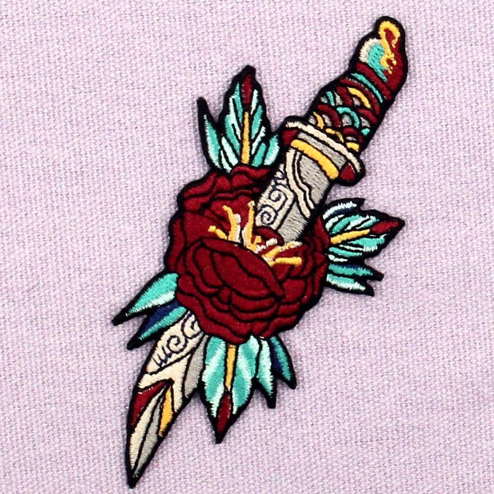 Flower and Dagger Embroidered Patch - Iron On & Sew On Applique Badge for Jackets, Hats, Bags - Gothic Punk Rock Fashion Accessories