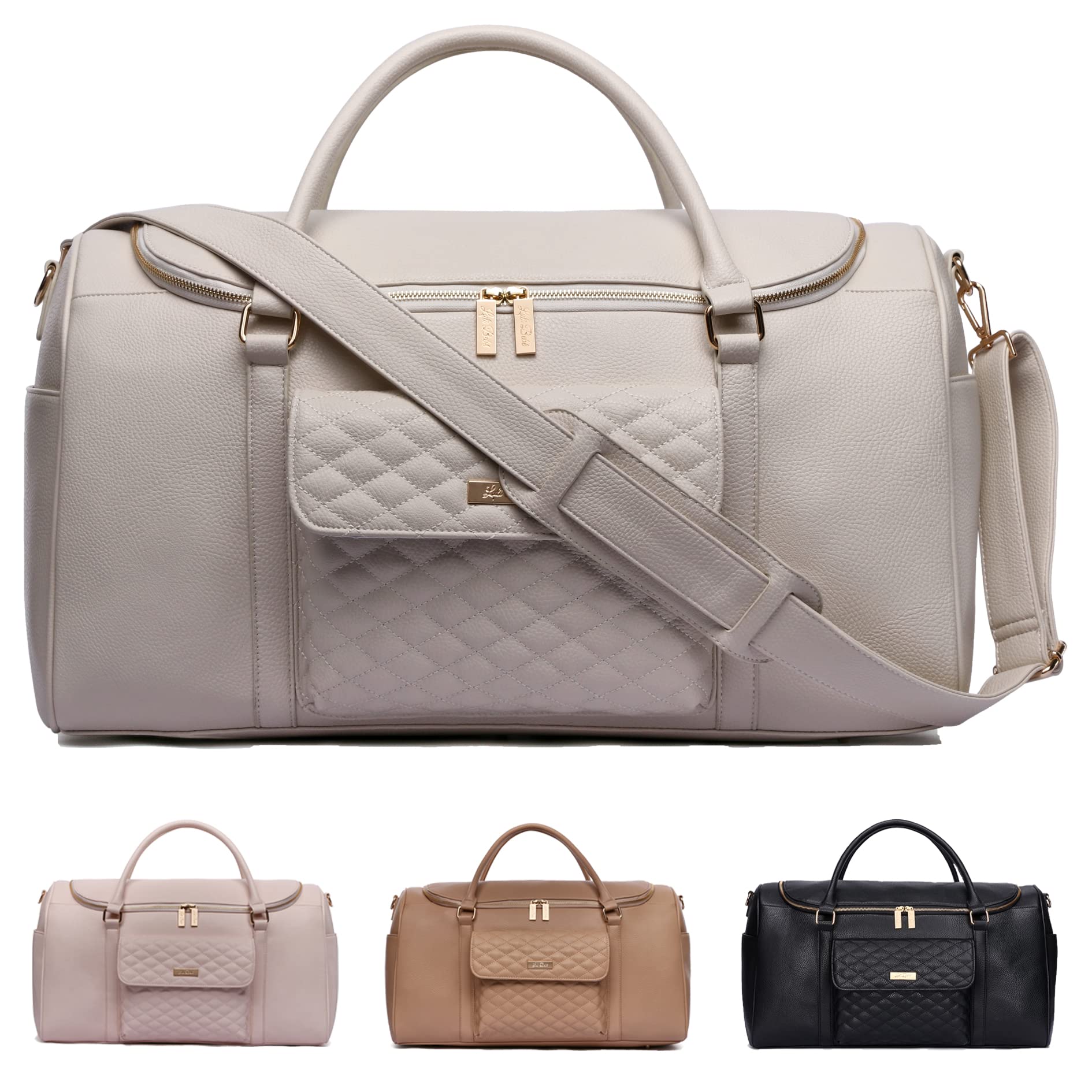 Luli Bebe Monaco Vegan Leather Weekender Bag for Women - Stylish Travel Duffel Carry On Luggage (Pearl White) - Perfect for Weekend Getaways, Business Trips & Airplane Travel