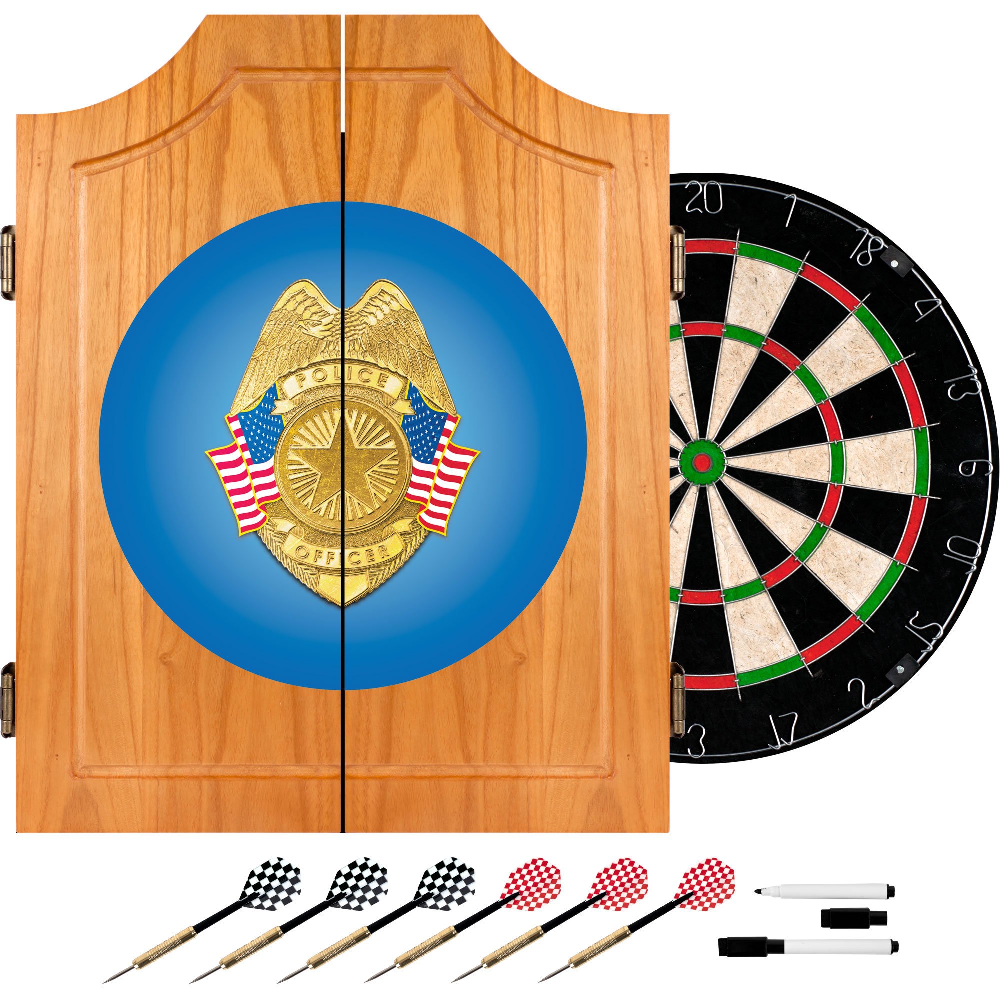 Police Officer Wood Dart Cabinet Set - Premium Dartboard Cabinet for Home & Office Game Room Decor - Perfect for Bars, Man Caves, and Entertainment Spaces