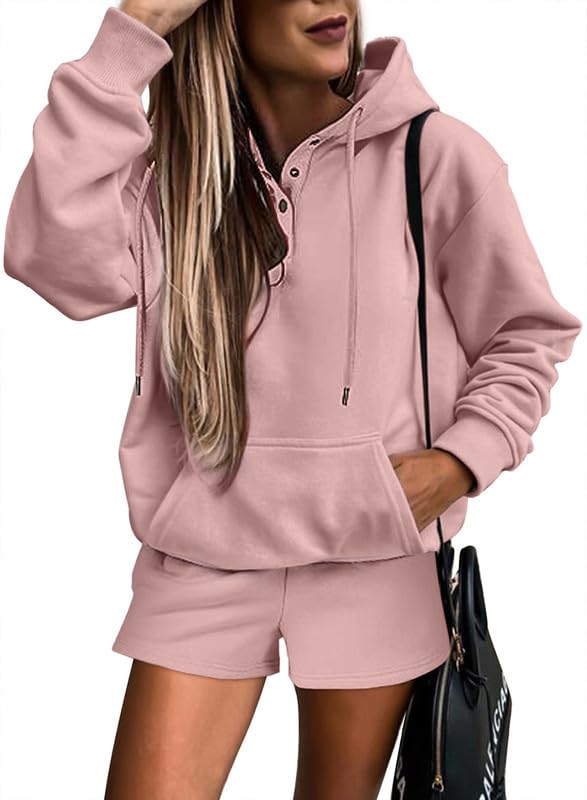 SHEWIN Women's 2-Piece Oversized Hoodie & Shorts Lounge Set - Soft Sweatsuit Tracksuit for Casual Wear, Home Relaxation & Gym Workouts