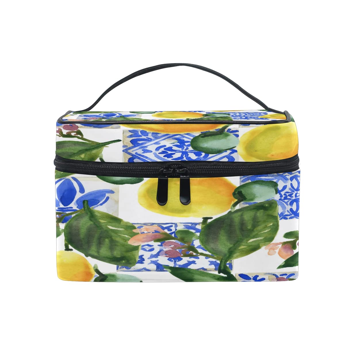 Boho Vintage Lemon Floral Makeup Bag - Large Travel Cosmetic Organizer with Zipper, Portable Toiletry Storage Case for Women & Girls | Perfect for Vacations, Gym, and Daily Beauty Essentials