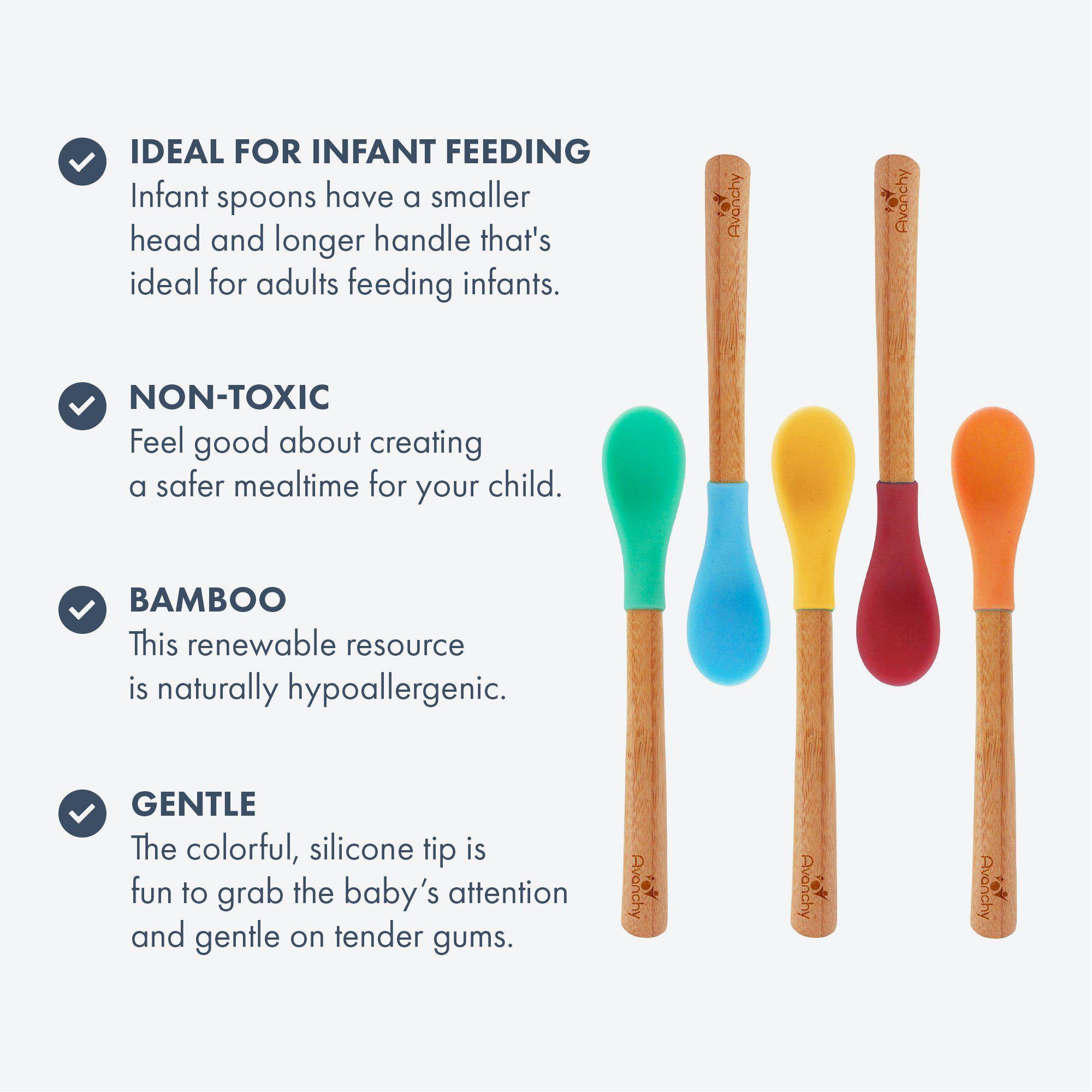 Avanchy 5-Pack Bamboo Baby Spoons for Infants 4+ Months - Eco-Friendly, Safe & Durable - Perfect for Baby-Led Weaning, Puree Feeding & First Solids