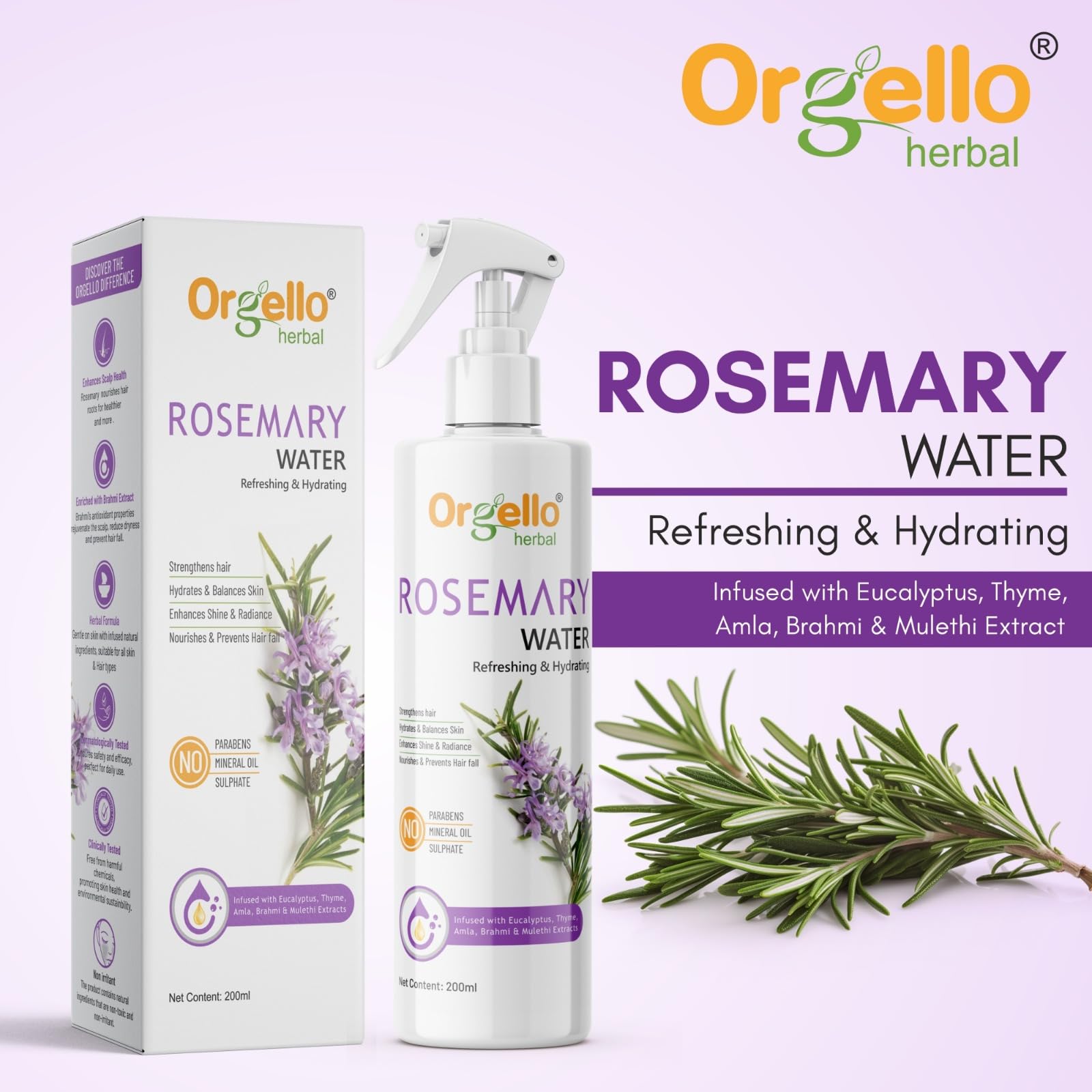 Organic Rosemary Water for Hair Growth & Scalp Care | Natural Hair & Skin Spray to Reduce Hair Fall & Strengthen Hair | Men & Women | 200ml | Perfect for Daily Hair Care Routine & Post-Workout Refreshment