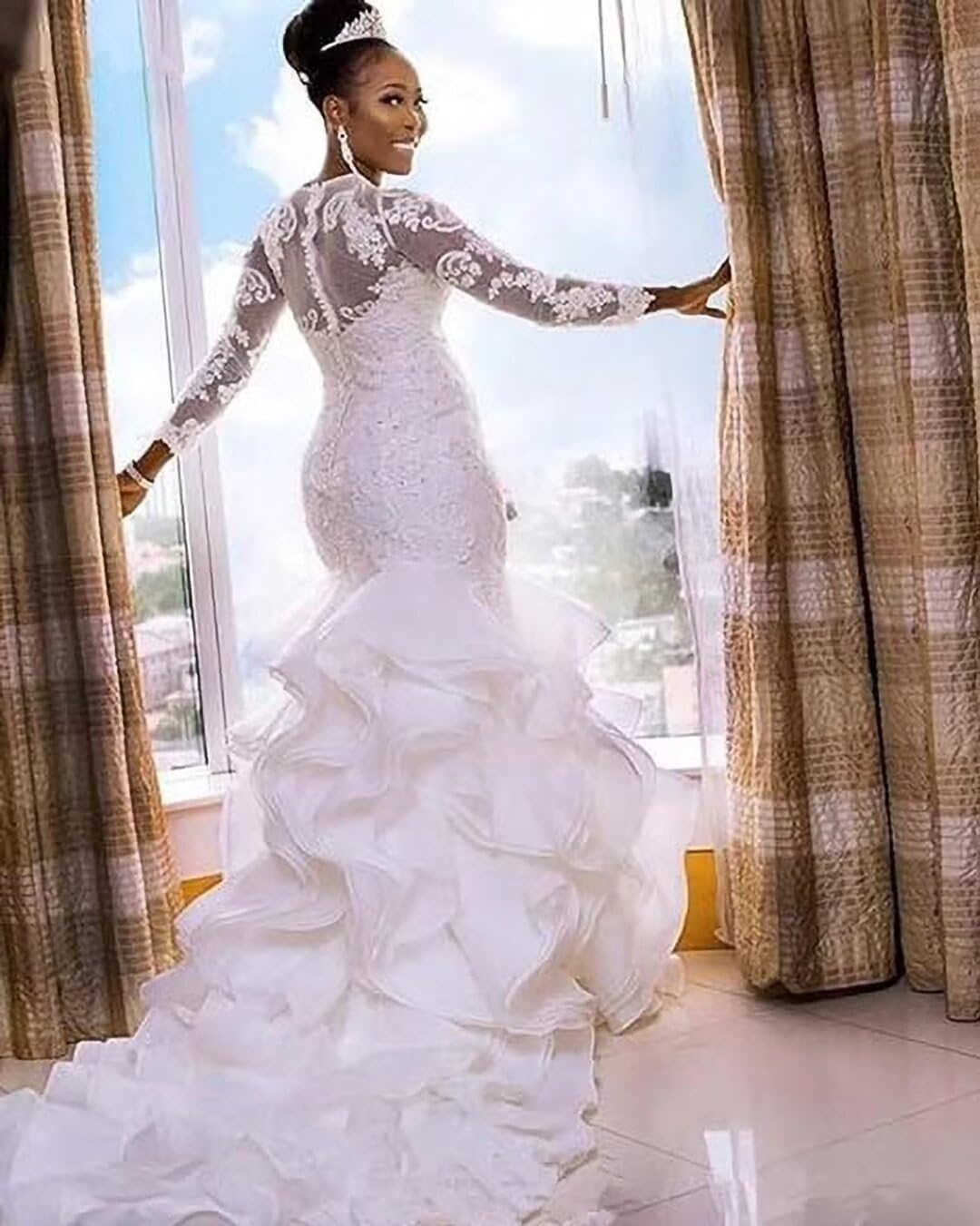 Elegant Mermaid Lace Wedding Dress for Women - Long Sleeve Tulle Bridal Gown with Train | Perfect for Beach, Church, and Formal Wedding Ceremonies