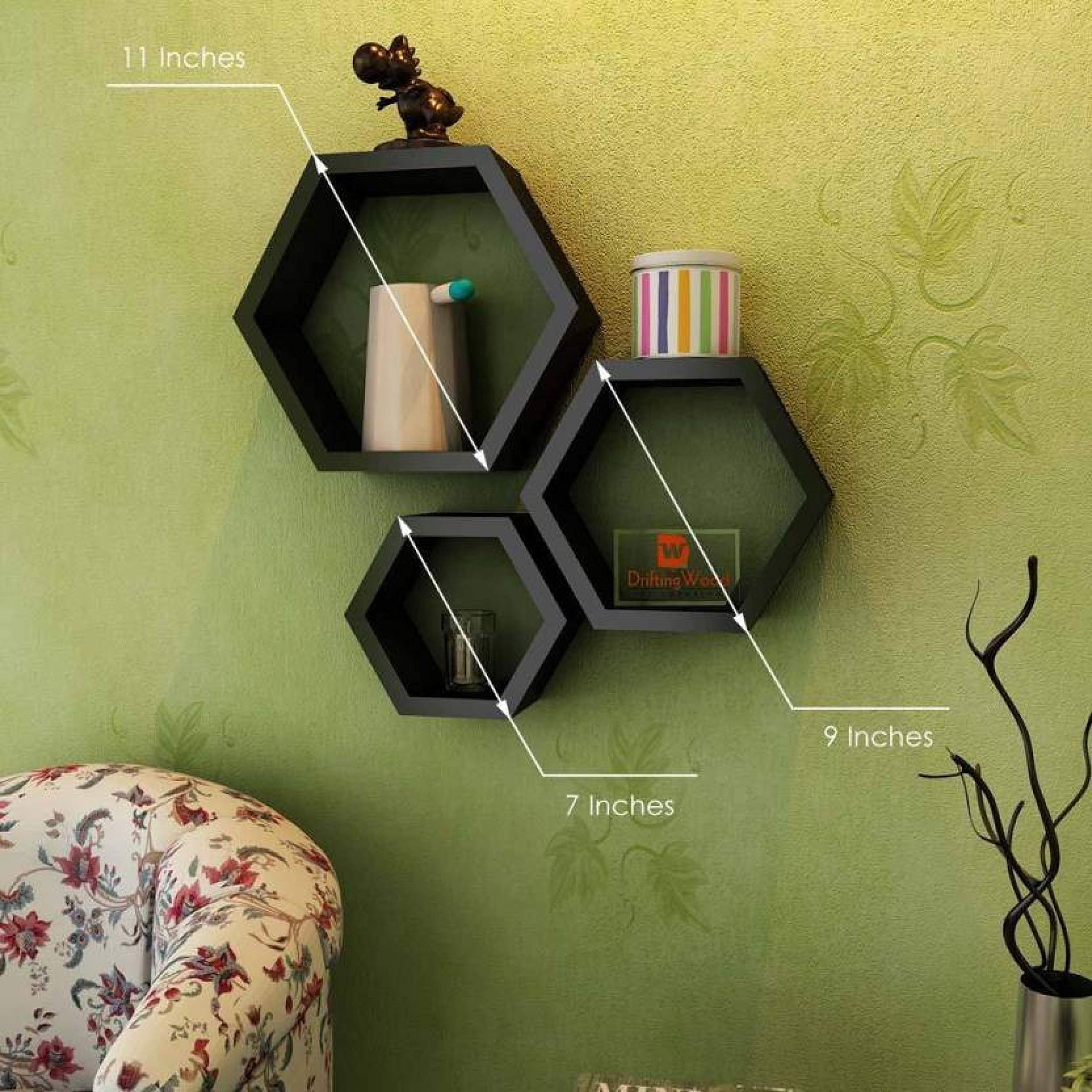 Hexagon Wall Shelf Set of 3 - Modern Black Polypropylene Floating Shelves for Home & Office Decor - Perfect for Living Room, Bedroom, Bathroom Storage & Display