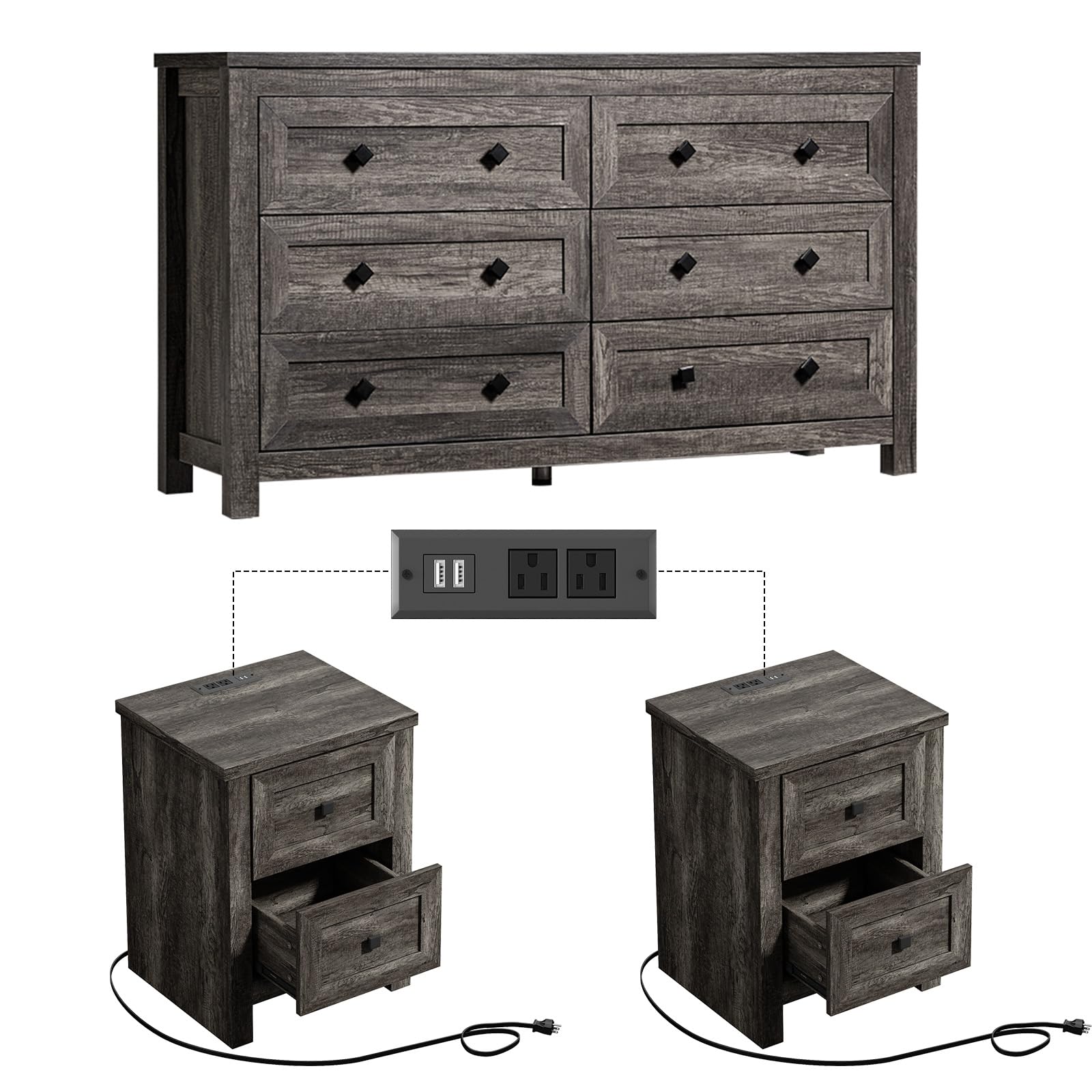 Rustic Grey 3-Piece Bedroom Furniture Set - 6-Drawer Dresser & 2 Nightstands with Charging Station | Farmhouse Style Wood Storage Dresser & Bedside Tables | Perfect for Master Bedroom, Guest Room, or Apartment Decor