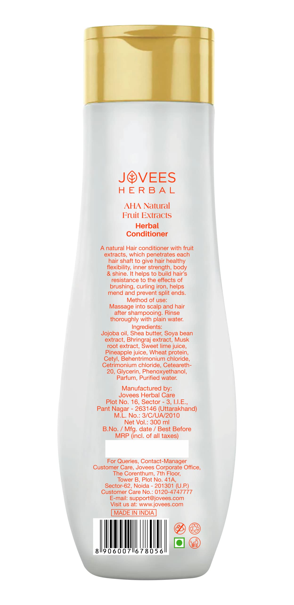 JOVEES Herbal AHA Natural Fruit Extracts Hair Conditioner - Smooth, Silky & Tangle-Free Hair Treatment | Repairs Damaged Hair, Nourishes Frizzy Hair & Adds Shine | 300ml (1 Count) | Perfect for Daily Hair Care & Salon-Quality Results at Home