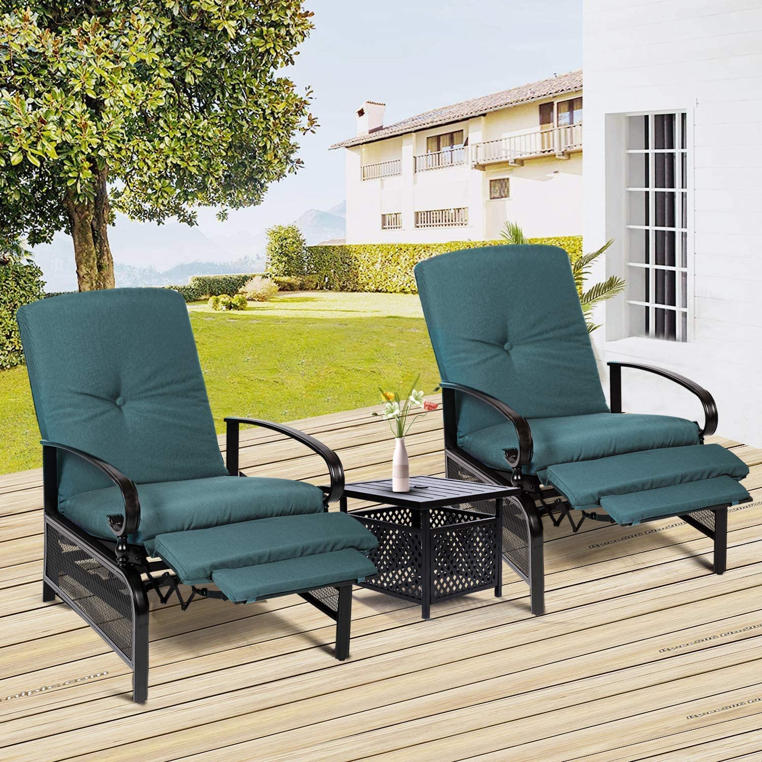 Crownland 3-Piece Outdoor Lounge Chair Set with Adjustable Reclining Patio Chairs & Umbrella Bistro Table - Durable Metal Furniture for 2 - Perfect for Backyard, Poolside, and Garden Relaxation