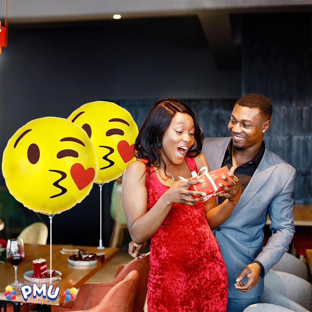 9 Inch PMU Emoji Balloons - Pre-Inflated with Sticks (Smile & Blowing Kiss Design) - 12 Pack - Perfect for Birthday Parties, Baby Showers & Wedding Decorations