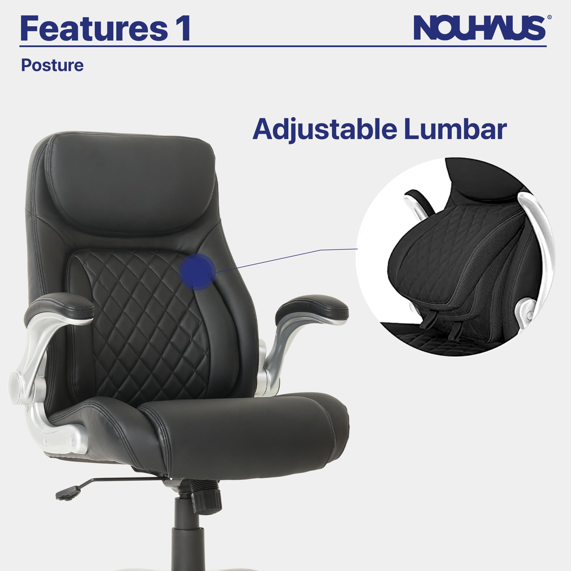 Nouhaus Posture Ergonomic PU Leather Office Chair with Click5 Lumbar Support & FlipAdjust Armrests - Modern Executive Desk Chair for Home & Office (Black) - Perfect for Long Work Hours, Gaming & Remote Work