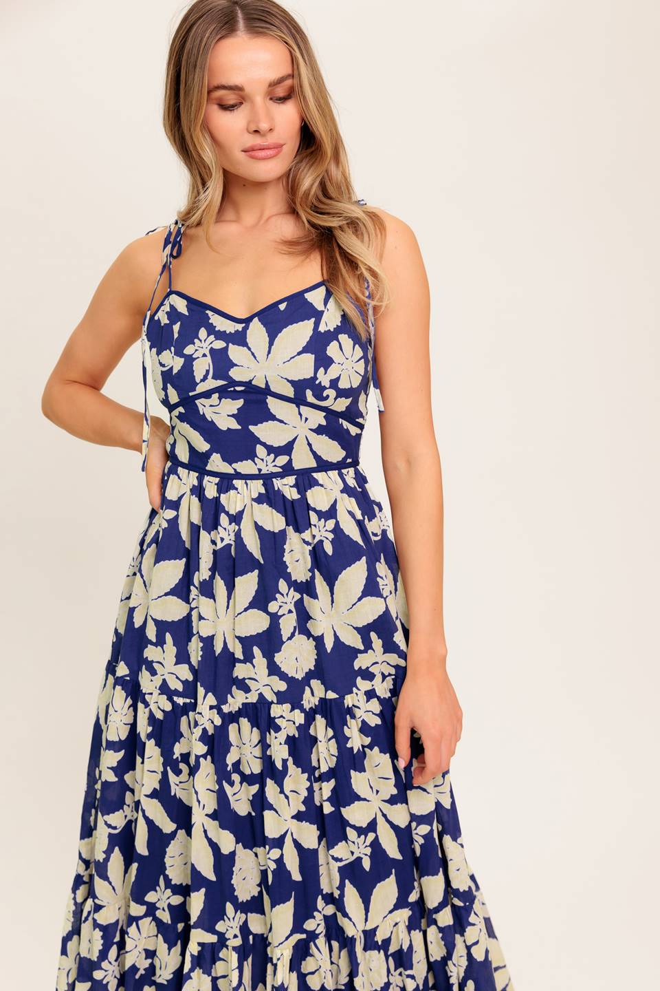 Elegant Petals in the Wind Navy Midi Dress - Perfect for Summer Weddings & Garden Parties