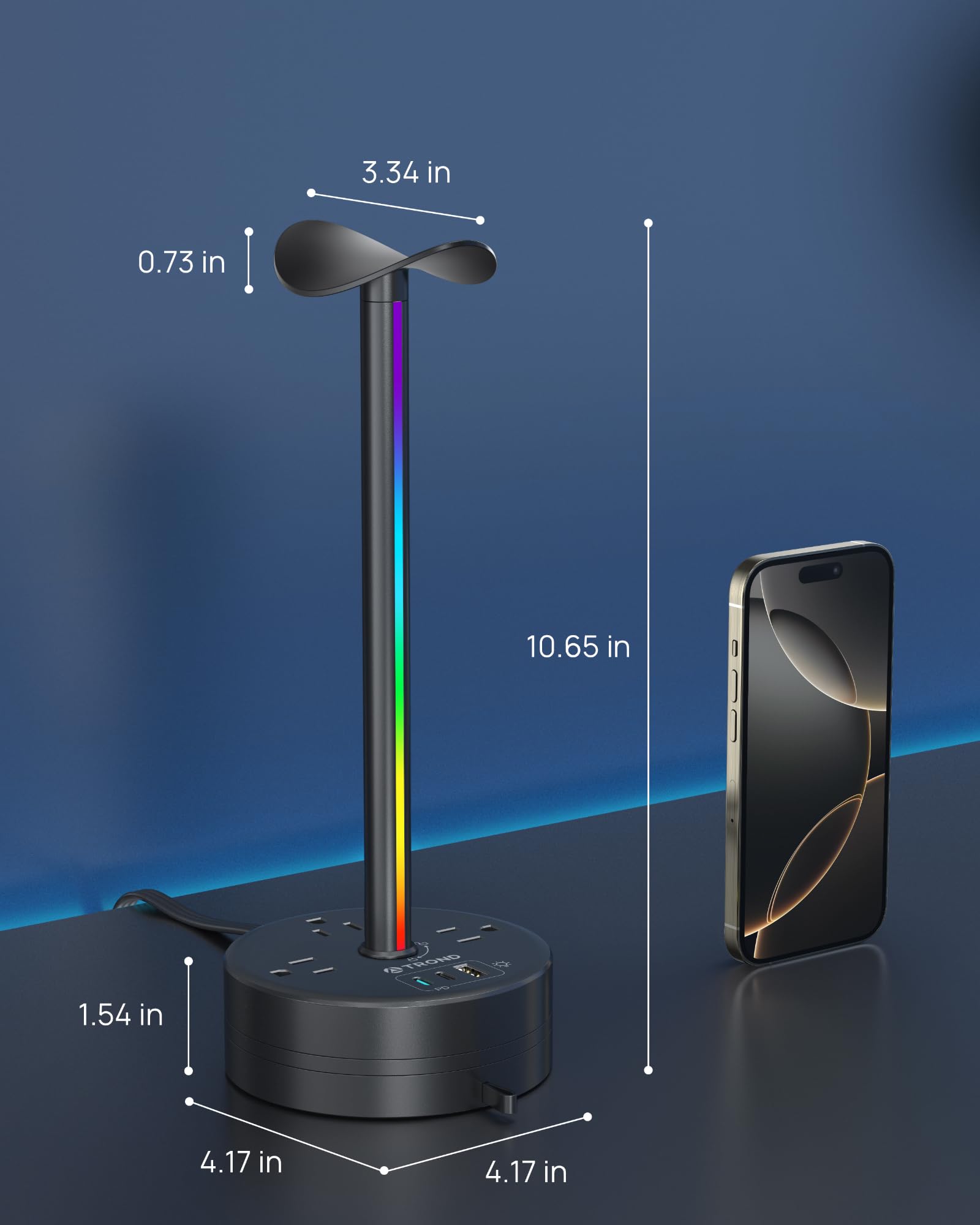 TROND RGB Gaming Headphone Stand with 20W PD USB-C Charger - 3 AC Outlets, 2 USB-C & 1 USB-A Ports, 5ft Retractable Extension Cord with Flat Plug - Desk Organizer for Computer Accessories, Gaming Setup & Home Office (Black) - Perfect for Gamers, Streamers & Remote Workers