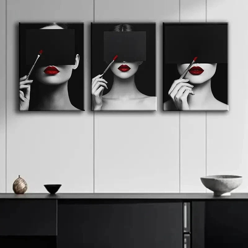 3-Piece Framed Canvas Wall Art Set - 'Woman in Red Lipstick' Darkness Perfect Print (60x90cm) | High-Quality Australian Made | Ready to Hang | Perfect for Living Room, Bedroom & Office Decor