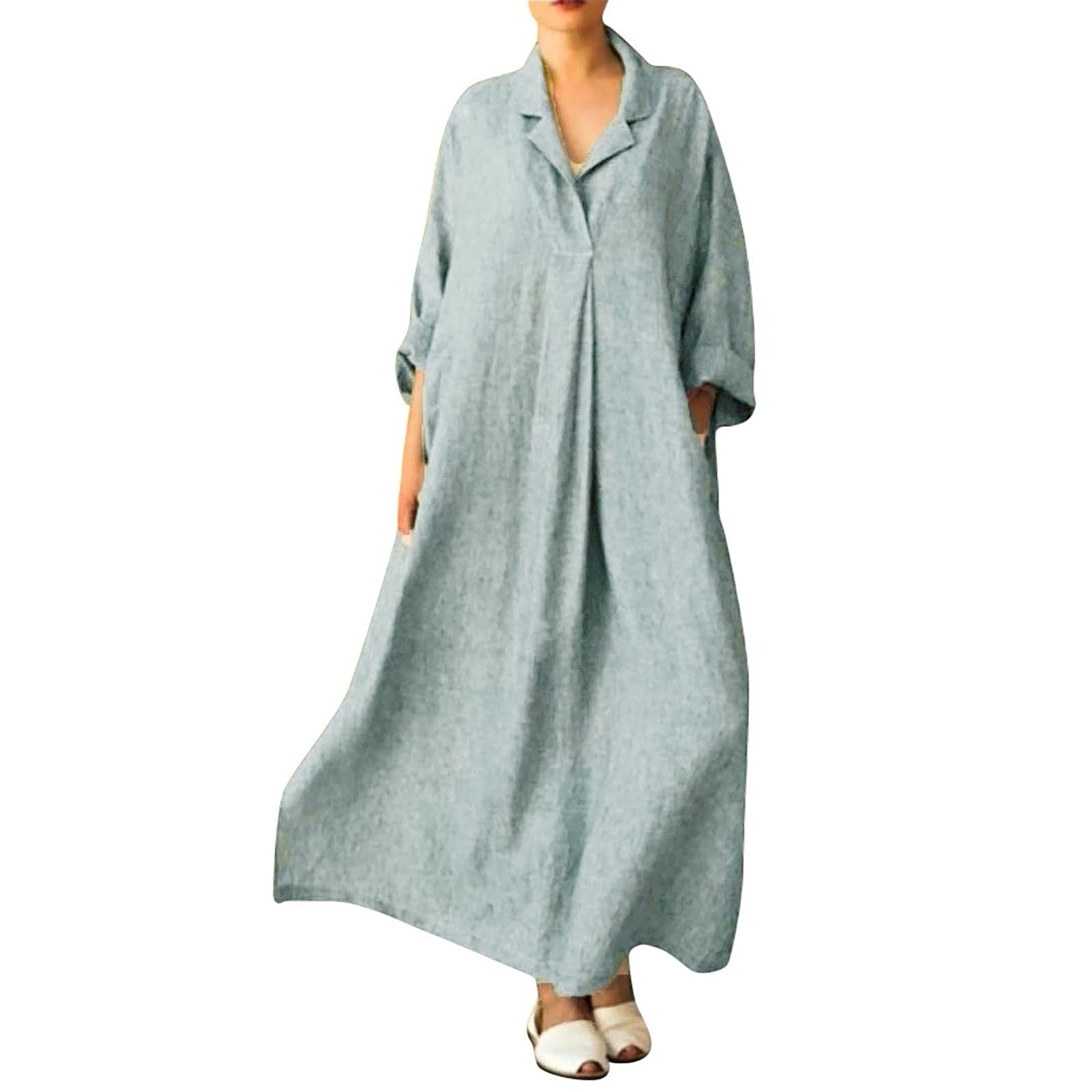 Mebamook Women's Long Sleeve Cotton Kaftan Maxi Dress - Oversized Casual Plus Size Shirt Dress for Beach, Vacation & Everyday Wear