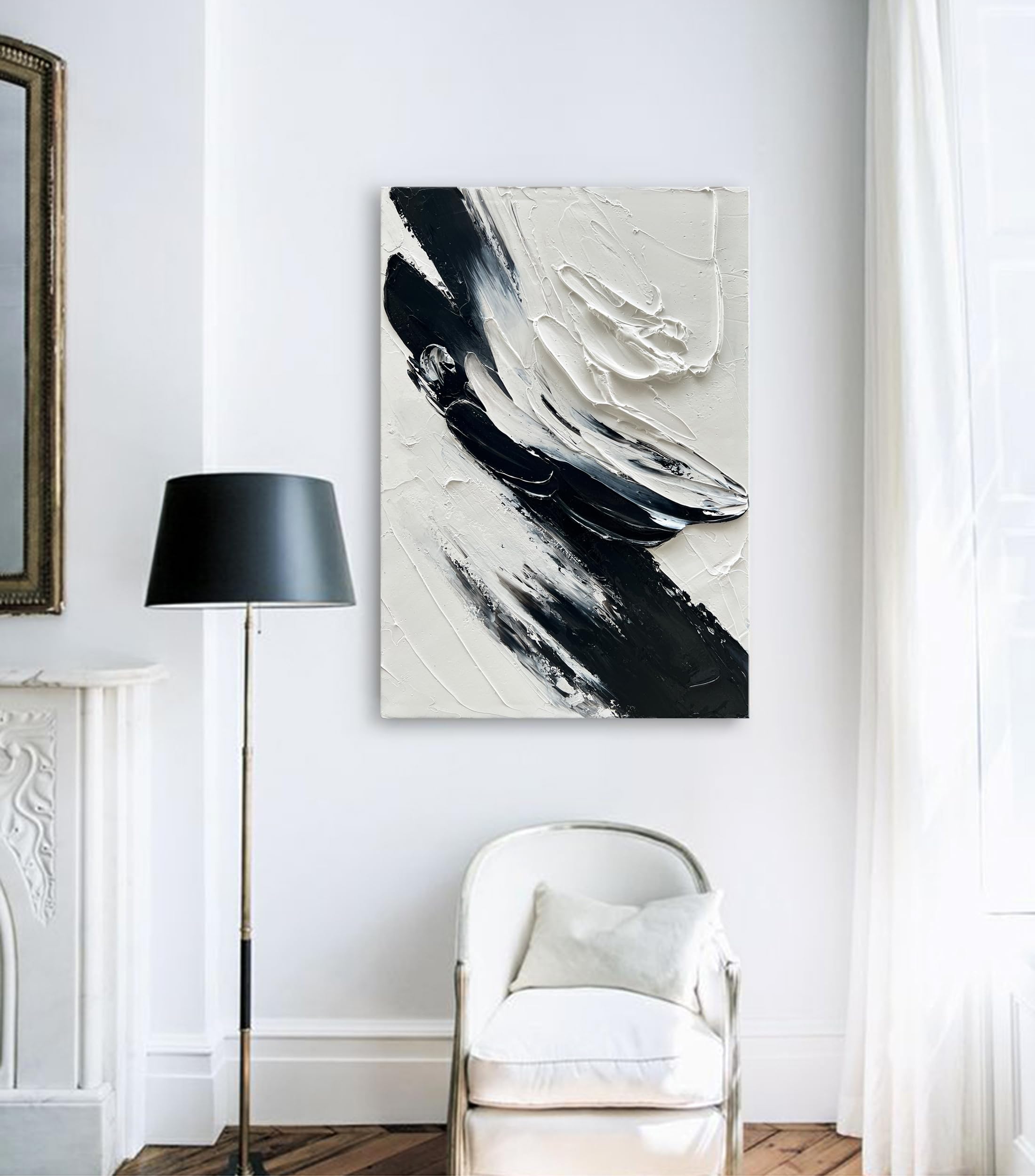 Hand-Painted Black and White Abstract Oil Painting - 40x28 Inches Thick Texture Minimalist Wall Art for Modern Home & Office Decor | Perfect for Living Room, Bedroom or Gallery Display