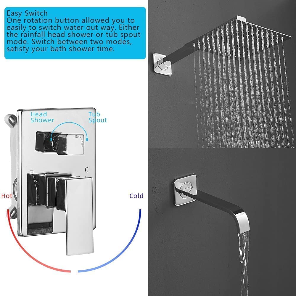 Luxury Polished Chrome Single Handle Wall Mounted Shower Faucet Set with Rain Shower Head & Tub Spout - Complete Bathroom Shower System with Rough-in Valve for Modern Home Spa Experience