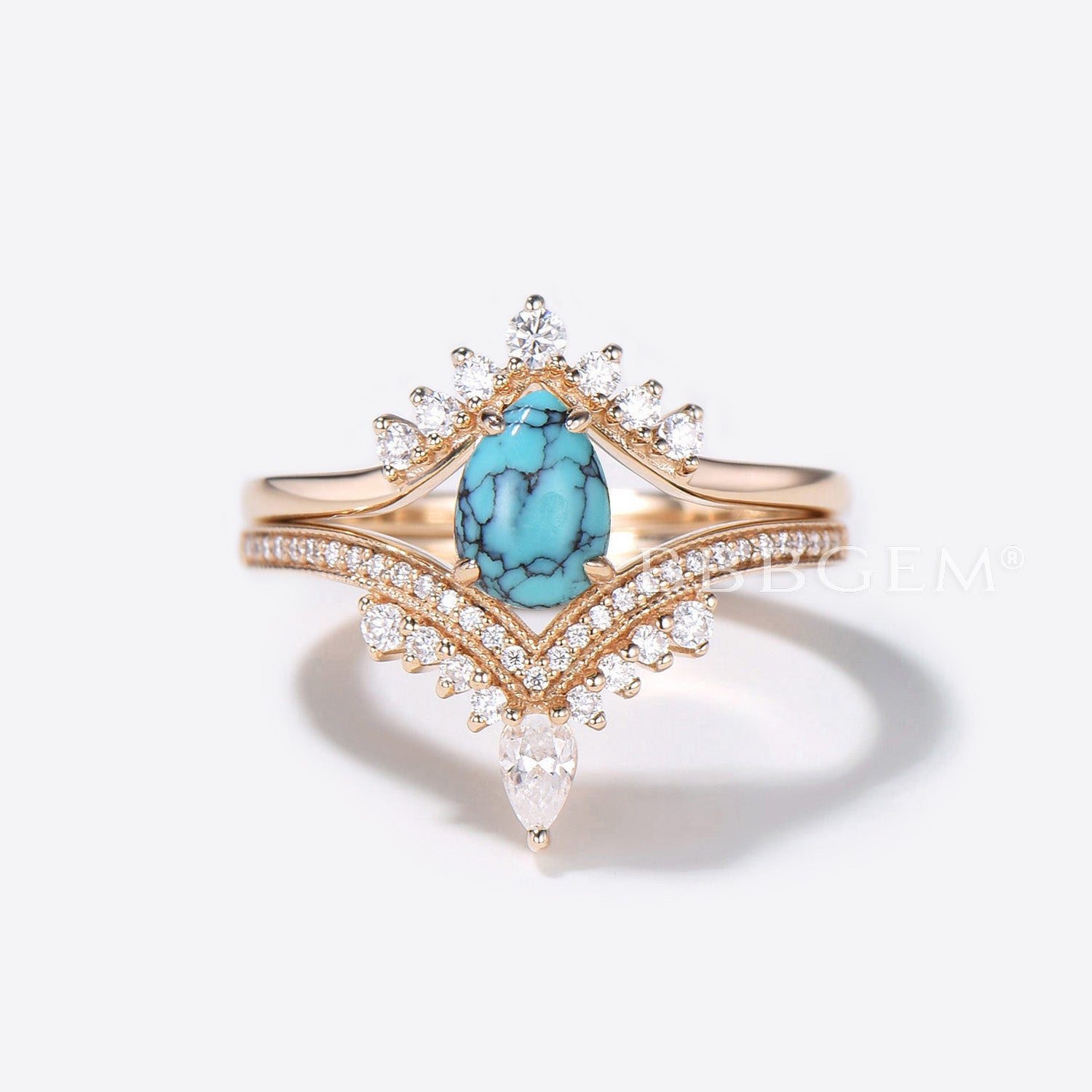 Pear Shaped Turquoise Engagement Ring & Rose Gold Diamond Wedding Band Set - Perfect for Bridal Jewelry, Anniversary Gifts & Romantic Proposals