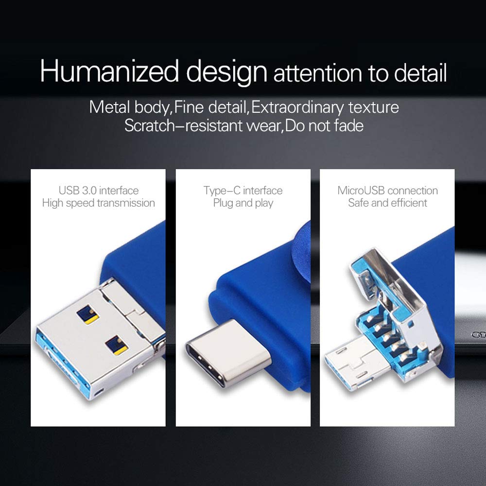 WANSENDA 128GB 3-in-1 USB Flash Drive OTG for Android/PC/Mac - Navy Blue