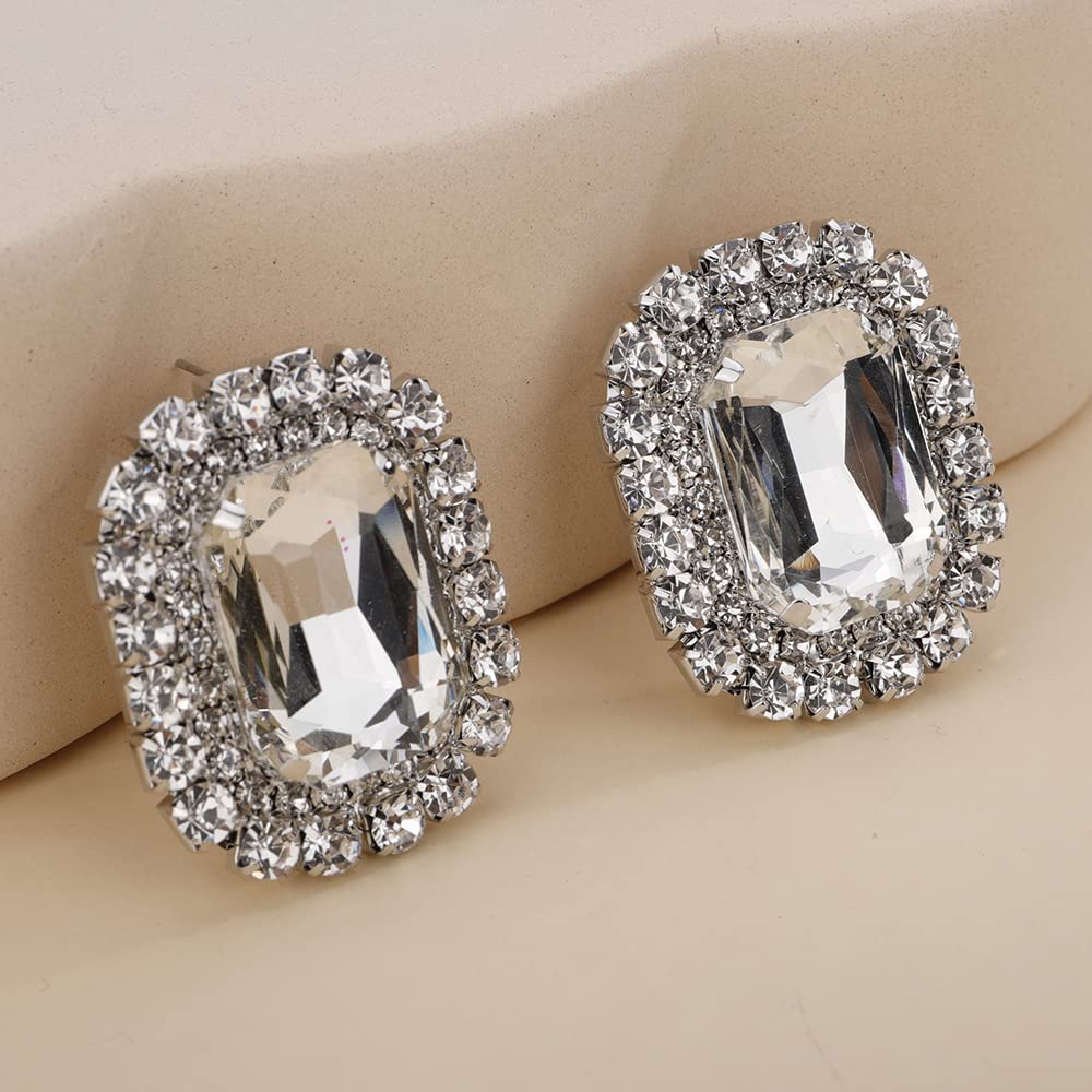 Denifery Square Crystal Rhinestone Stud Earrings for Women - Sparkling Dangle Drop Earrings in Silver - Perfect for Prom, Wedding, Party & Evening Events