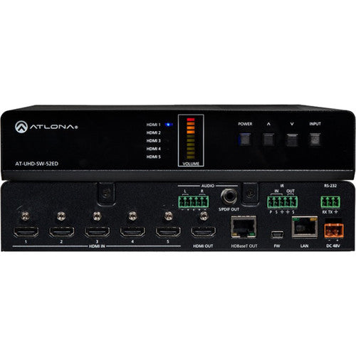 Atlona® AT-UHD-SW-52ED 4K/UHD HDMI Switcher with 5 Inputs - Dual HDMI & HDBaseT Outputs for Home Theater, Gaming & Professional AV Setups