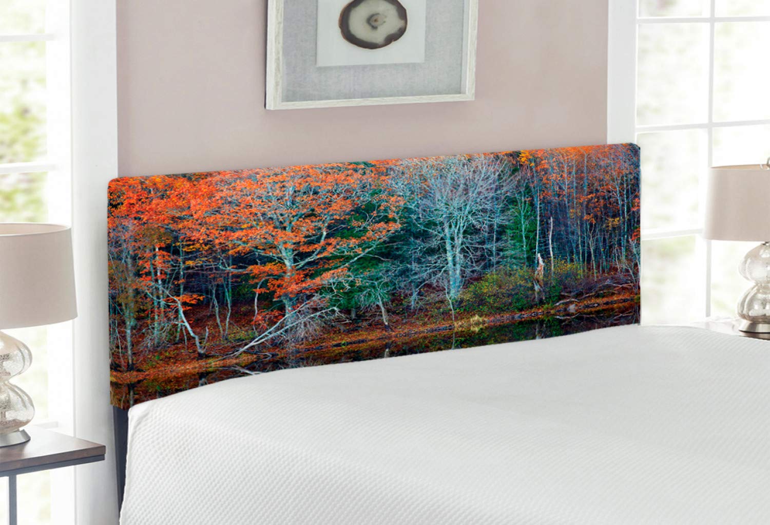 Ambesonne Upholstered Metal Headboard with Memory Foam - Full Size Brown Red Forest Landscape Design | Tree Reflections Over Lake Scenic Art Bed Headboard | Perfect for Rustic, Cottage & Farmhouse Bedroom Decor