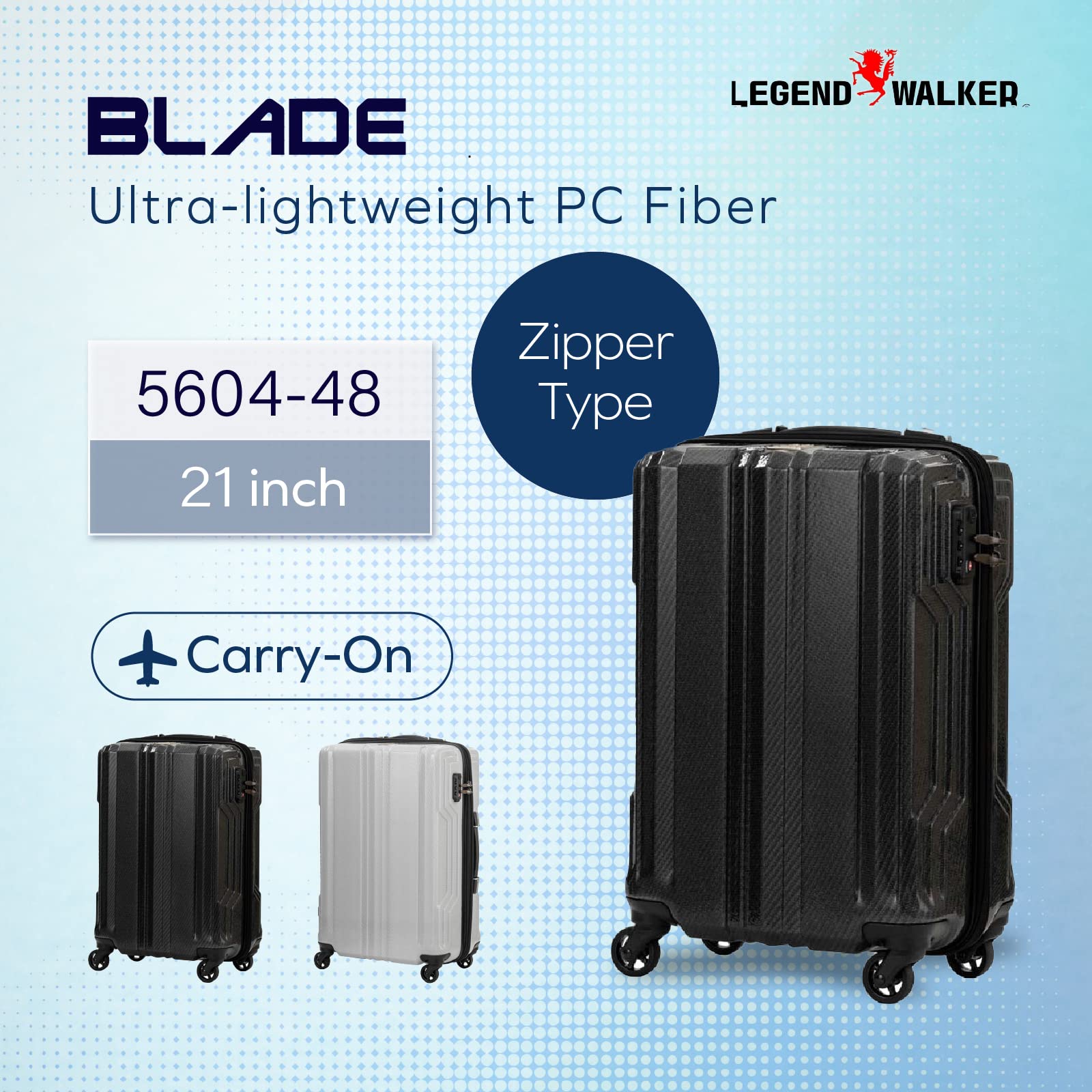 Ultralight PC Fiber Luggage 21-inch Black Carbon Carry-On Suitcase - LEGEND WALKER BLADE 5604-48-BKCB - Perfect for Business Travel & Weekend Getaways