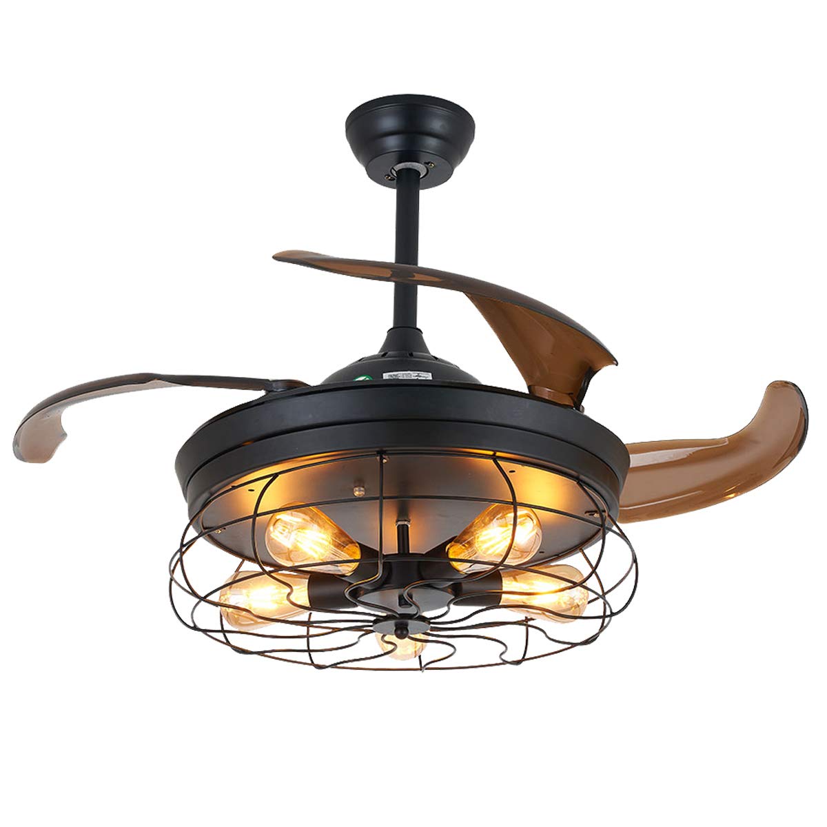 OUKANING 36 Inch Industrial Ceiling Fan with Light - Vintage Cage Chandelier Fan with Remote Control, Retractable Blades (5 Edison Bulbs Required) - Perfect for Farmhouse, Loft & Industrial Style Home Decor
