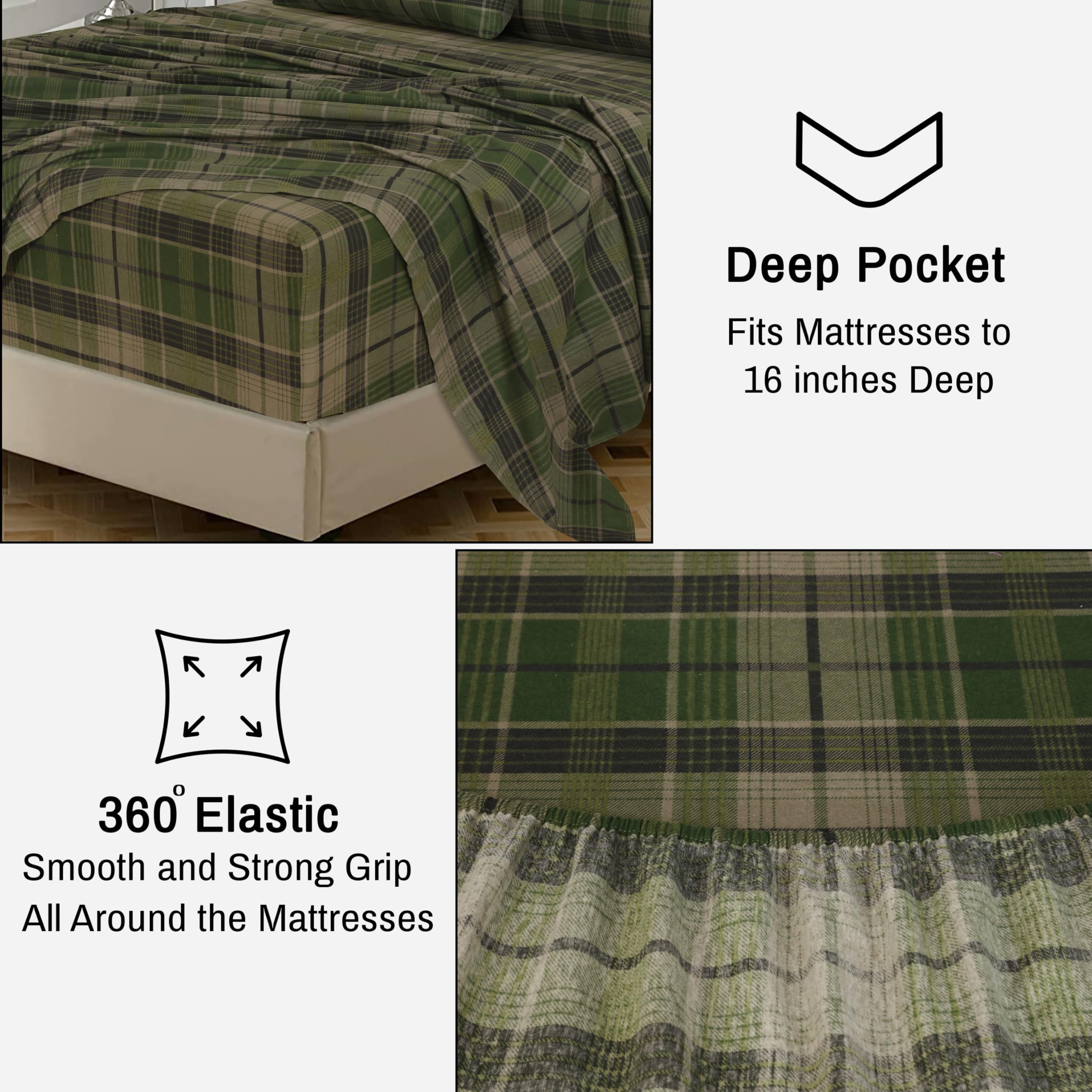 RUVANTI 100% Cotton Flannel Sheets King Size Set - Ultra Soft Brushed King Sheets with 16