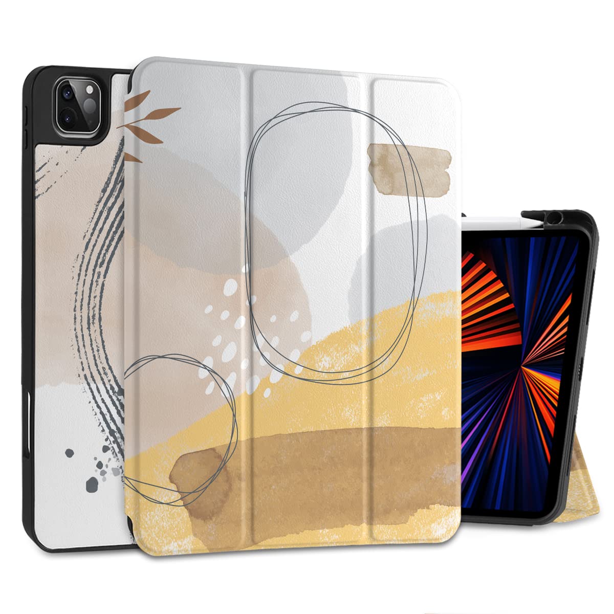 DONGKE Slim Protective Case for iPad Pro 12.9 inch 5th/6th Gen (2021/2022) - Compatible with 3rd/4th Gen - Apple Pencil Charging, Trifold Stand & Auto Sleep/Wake Cover - Abstract Doodle Design | Perfect for Work, Study & Travel
