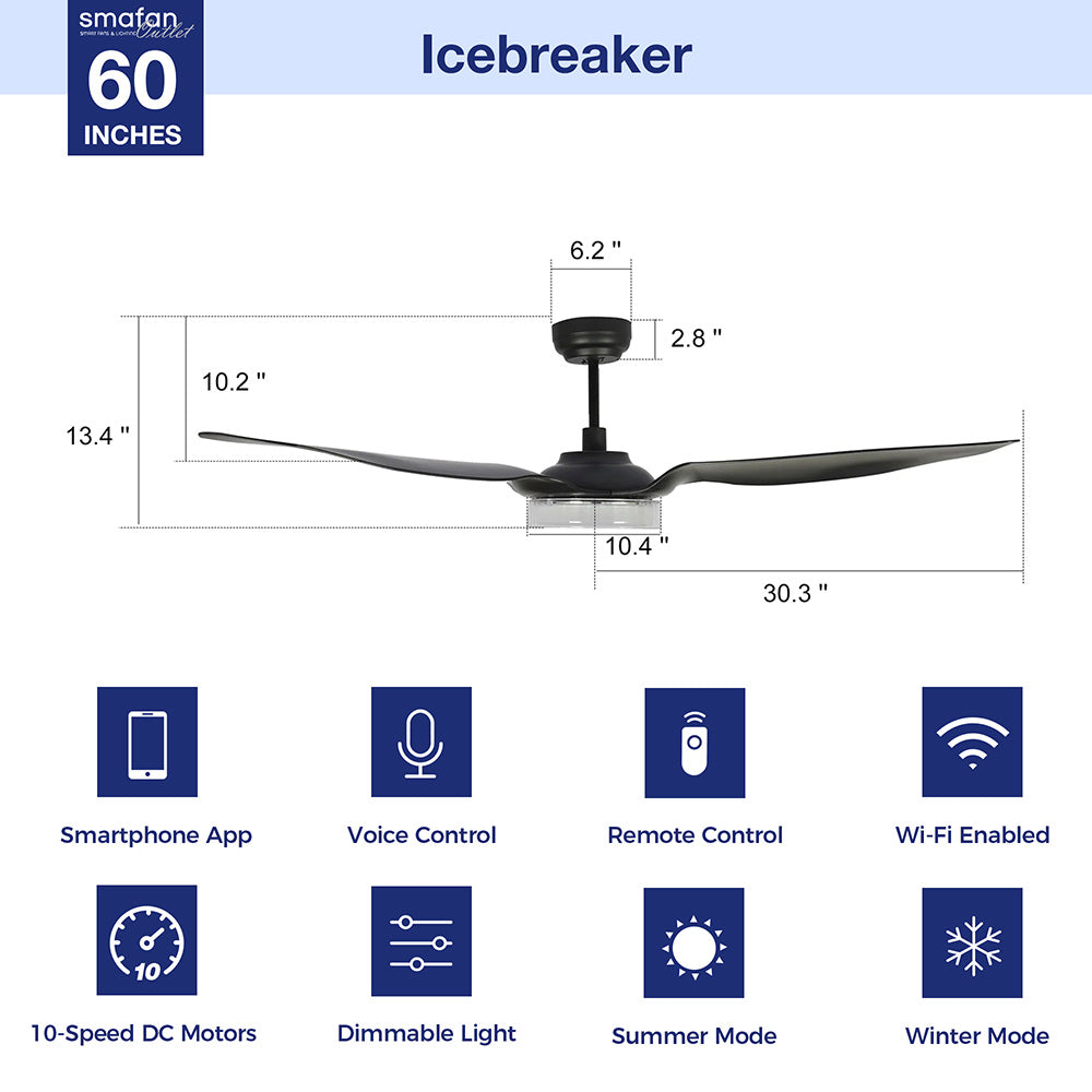 Icebreaker 60 Inch Smart Ceiling Fan with LED Light & Remote Control - Energy Efficient Cooling for Living Room, Bedroom & Office