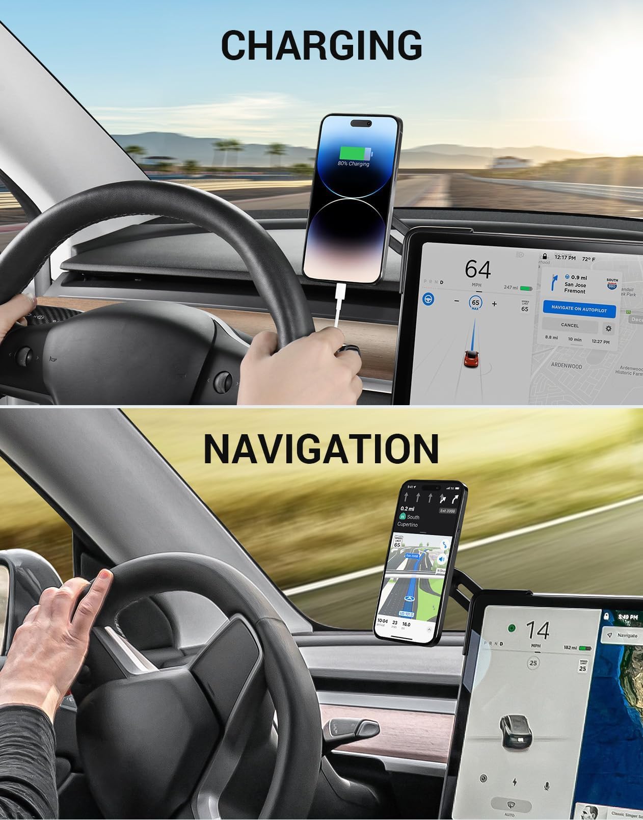 BASENOR Magnetic Phone Holder for Tesla Model 3 & Y - 360° Adjustable Strong Magnet Stand with Magsafe Compatibility - Fits iPhone & Android Phones - Perfect for Hands-Free Navigation & Streaming in Your Tesla