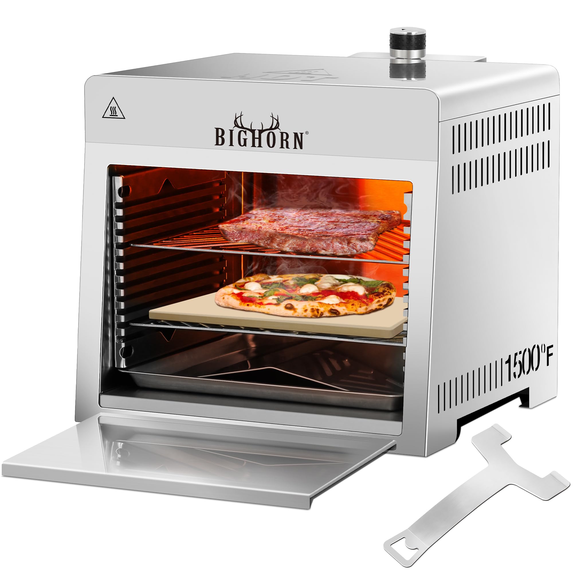BIG HORN OUTDOORS 1500°F Portable Infrared Grill Tabletop Broiler - Stainless Steel Propane Steak Cooker & Outdoor BBQ Machine with Pizza Stone - Perfect for Grilling Steaks, Burgers, Pizza in Backyard, Camping & Tailgating Parties
