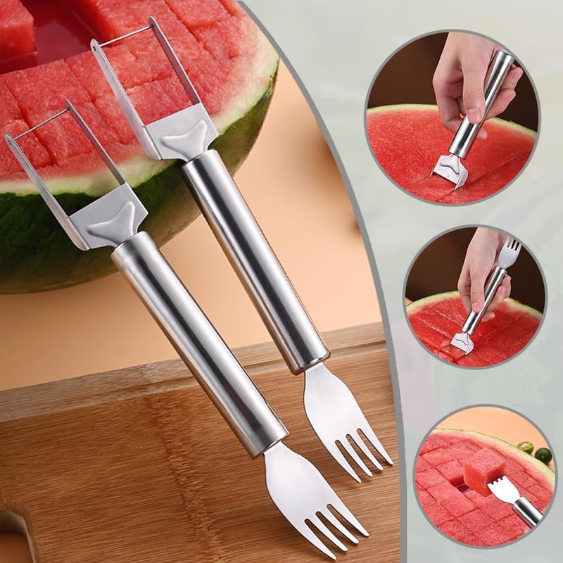 2-in-1 Stainless Steel Fruit Cutter - Dual Head Watermelon Slicer & Fork Tool for Easy Fruit Cutting | 2024 New Kitchen Gadget for Home, Picnic, BBQ & Camping | Durable & Sharp Fruit Slicer for Watermelon, Melon & Pineapple