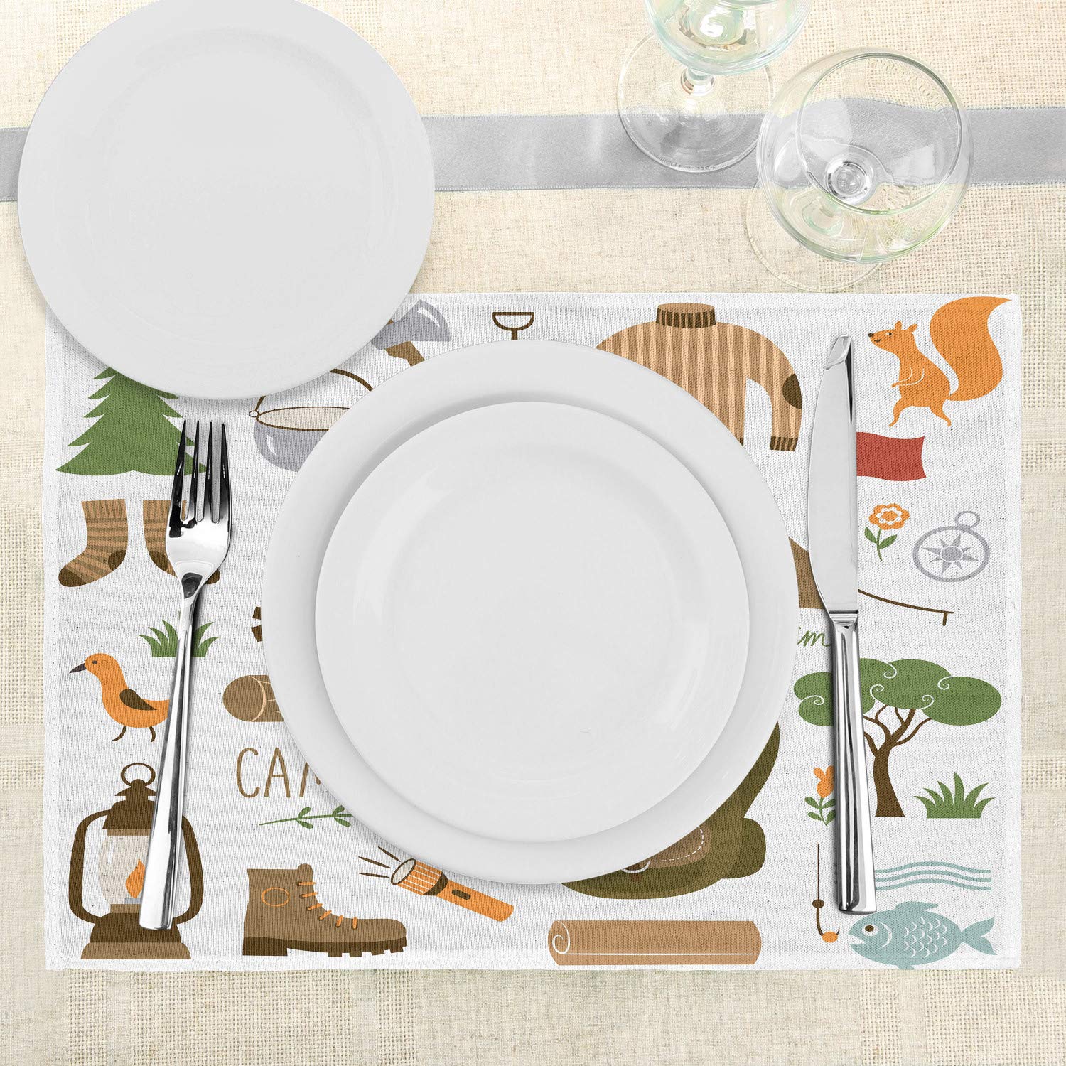 Ambesonne Adventure-Themed Place Mats Set of 4 - Camping Equipment Design with Sleeping Bag, Boots & Campfire Tools - Washable Fabric Table Mats for Dining - Standard Size (White & Khaki) - Perfect for Outdoor Enthusiasts & Cabin Decor