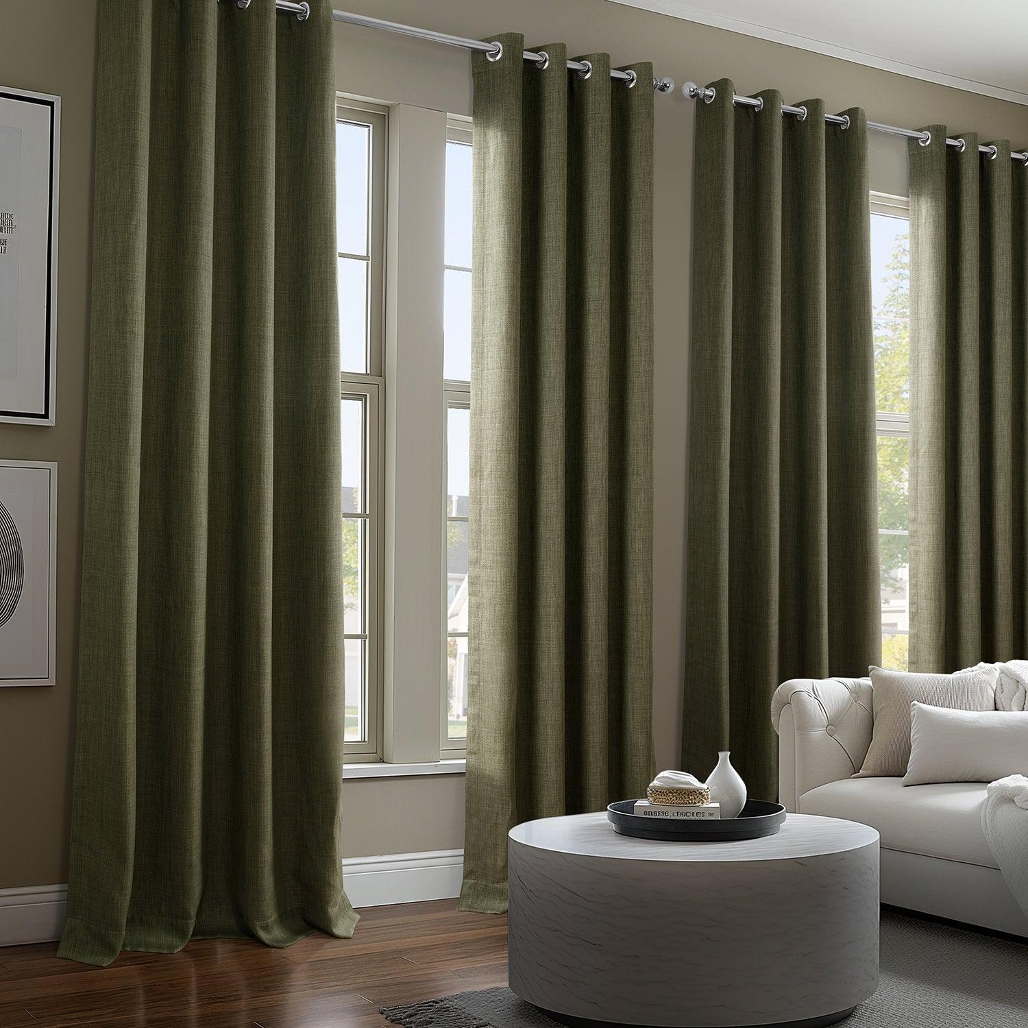 Khaki Green Grommet Textured Faux Linen Blackout Curtains for Bedroom & Living Room - Thermal Insulated Window Drapes for Home Decor and Light Blocking