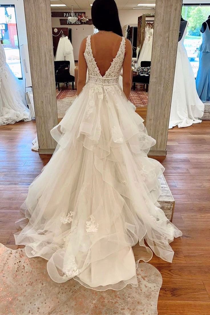 Elegant A-Line Tiered Lace Beach Wedding Dress with Tulle V-Neck Applique - Perfect for Beach Weddings, Destination Elopements & Boho Bridal Photoshoots