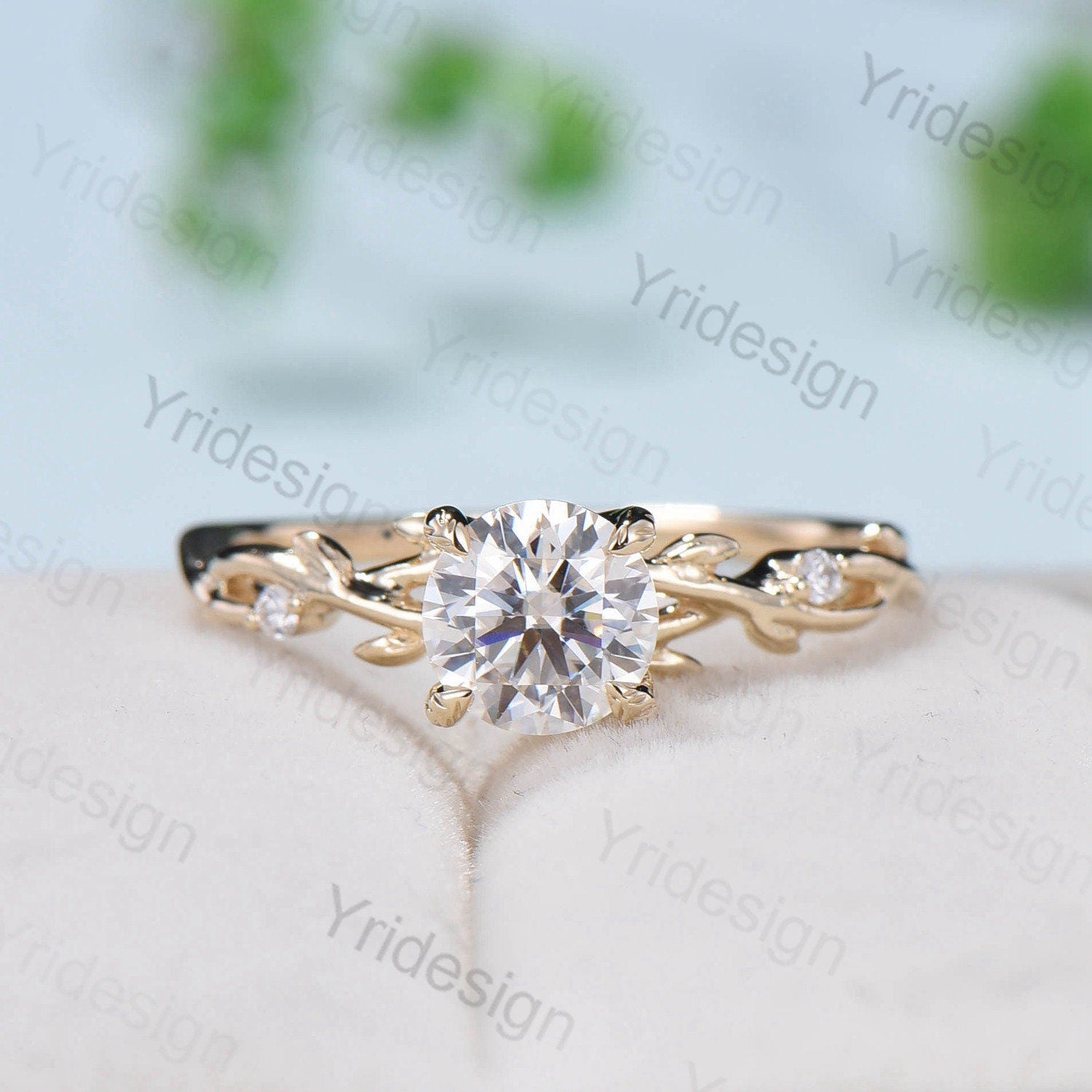 14K Yellow Gold Round Brilliant Moissanite Engagement Ring - Nature Inspired Leaf Branch Design Wedding Band, Unique Twig Promise Ring for Women | Perfect for Proposals, Anniversaries & Romantic Occasions