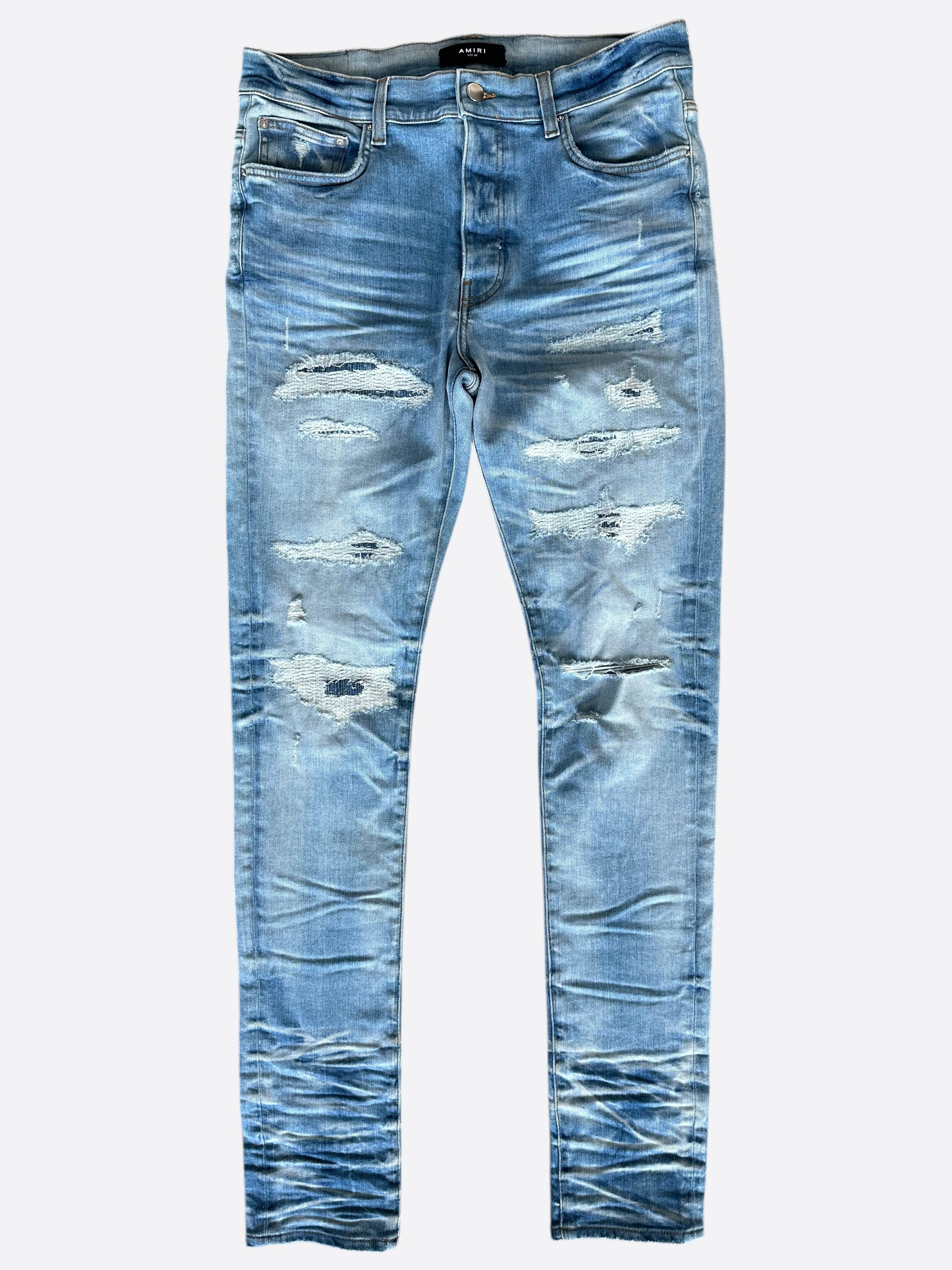Amiri Indigo Distressed Boro Repair Jeans for Men - Vintage Washed Denim Pants with Patchwork Details - Perfect for Streetwear and Casual Outfits