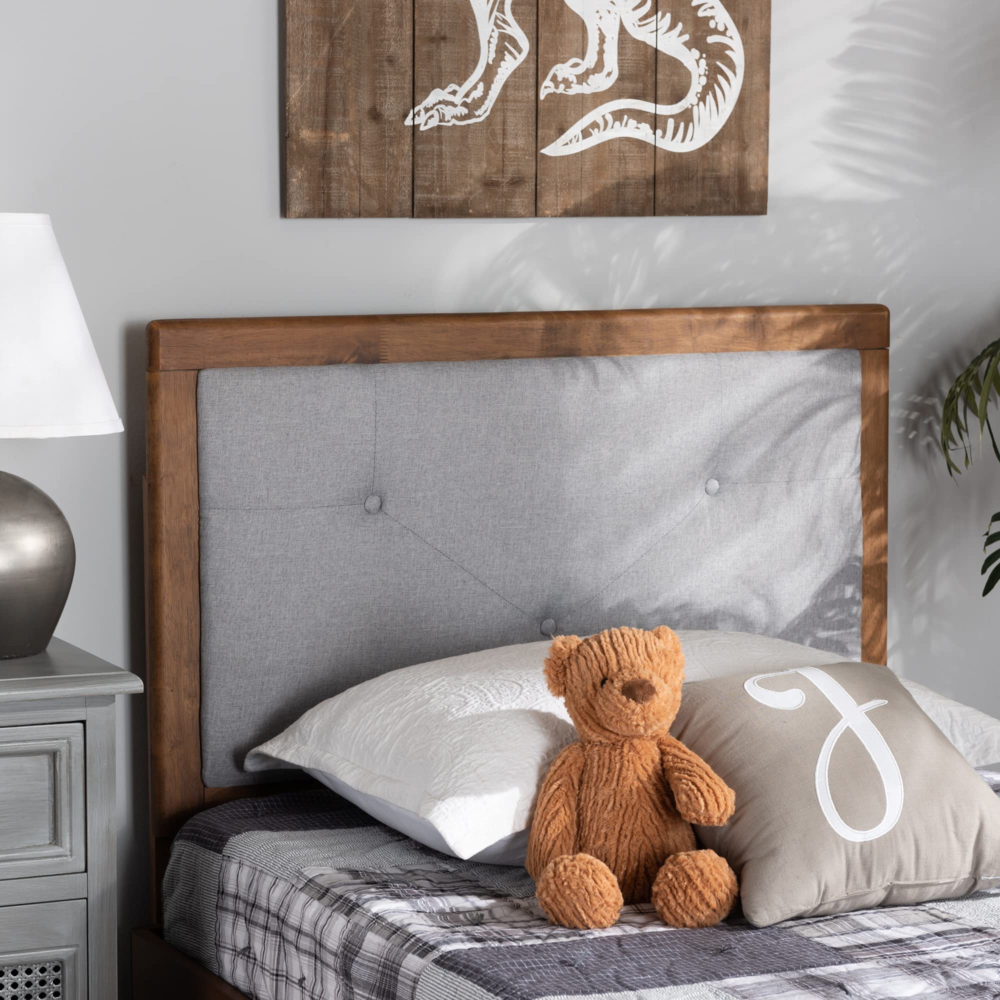 Baxton Studio Abner Modern Twin Size Headboard - Light Grey Fabric Upholstery with Walnut Brown Wood Finish | Perfect for Contemporary Bedroom Decor and Small Space Living