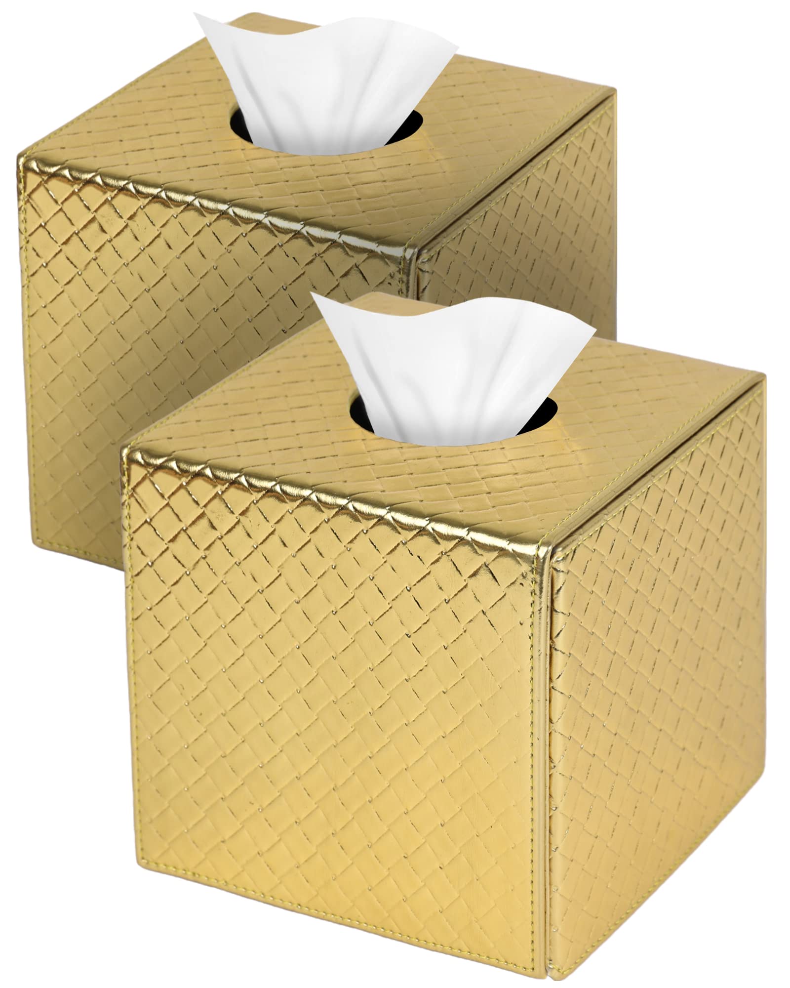 Jeethemy Square Tissue Box Cover - Black PU Leather with Braided Pattern, Foldable & Portable Tissue Box Holder for Home, Office, Car, and Outdoor Use - Double Gold Design