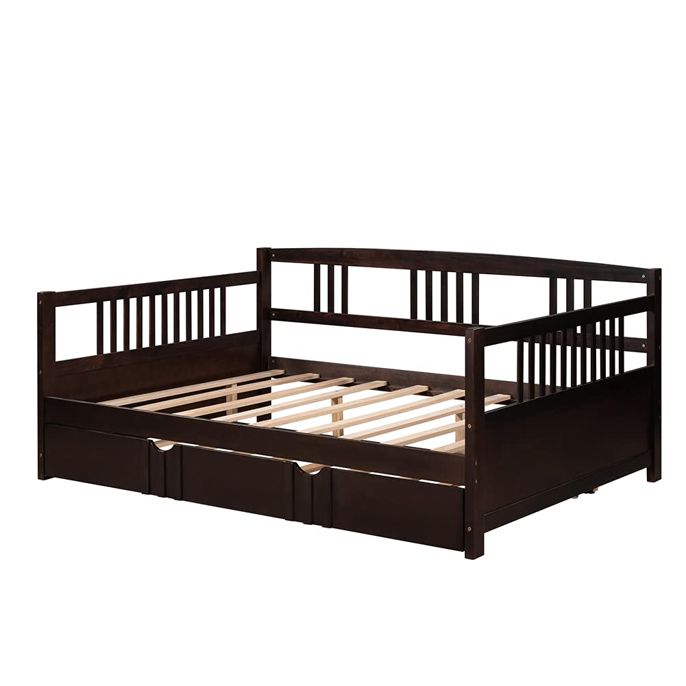 Kids Daybed Sofa Bed with Pull-Out Trundle - Pinewood Frame with Guardrails & Wood Slats - Full Size Espresso Finish - Perfect for Sleepovers, Guest Rooms & Small Spaces