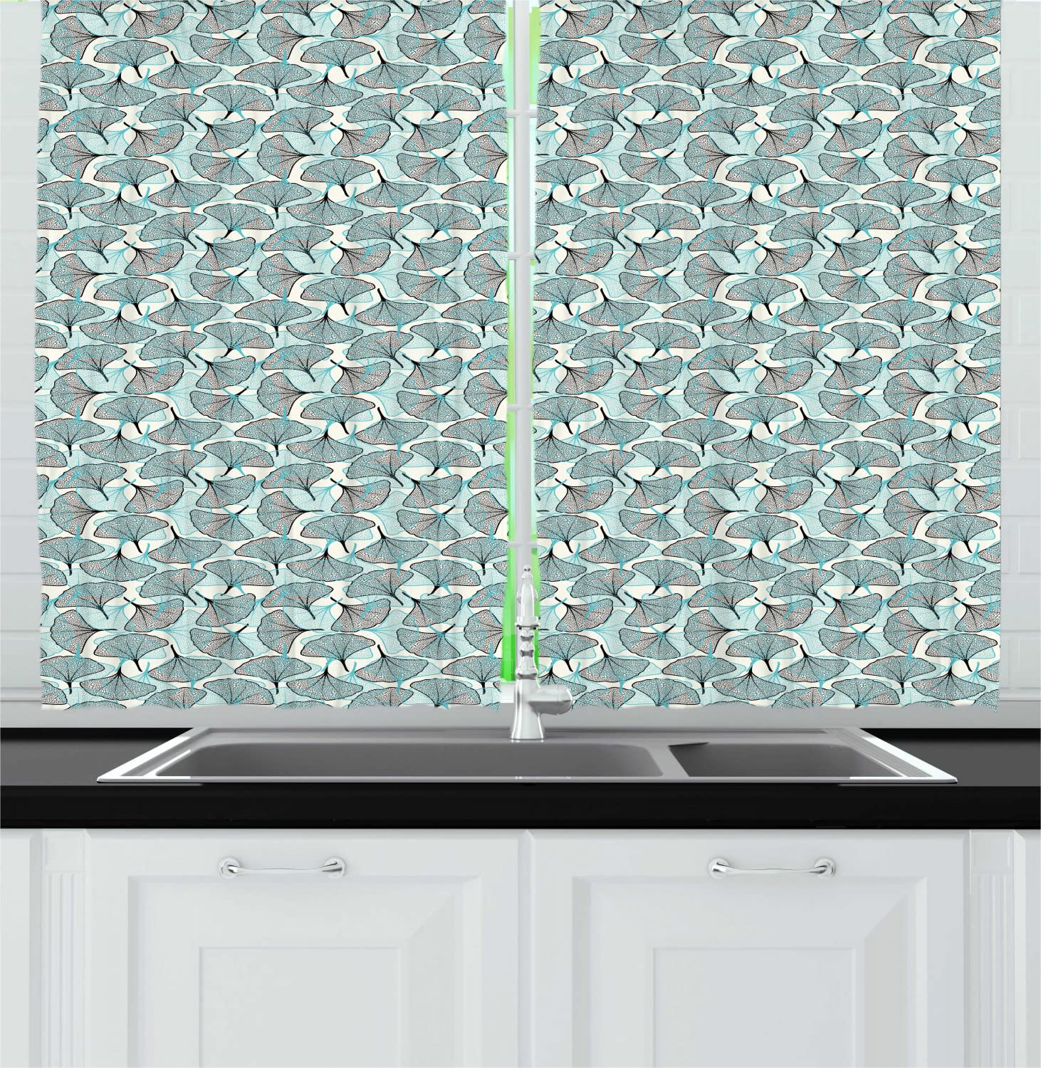 Ambesonne Botany Long Kitchen Curtains - Ginkgo Biloba Leaves Forest Herbs Nature Design, Eco Woodland Theme Drapes with Rod Pocket, 55