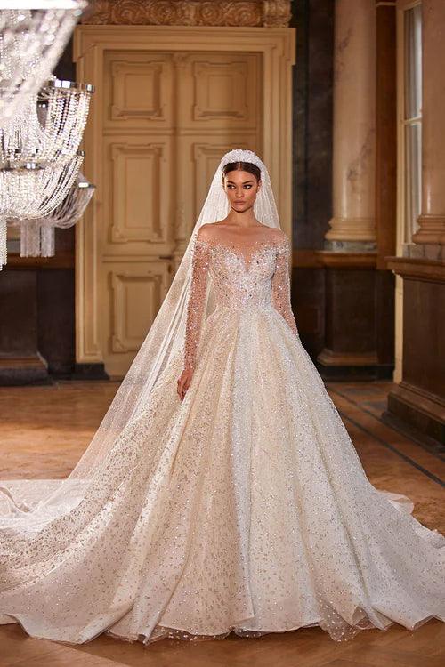 Royal French White Princess Bridal Gown - Long Sleeve Sparkling Beaded Wedding Dress for Bride, Ball Gown & Formal Occasions