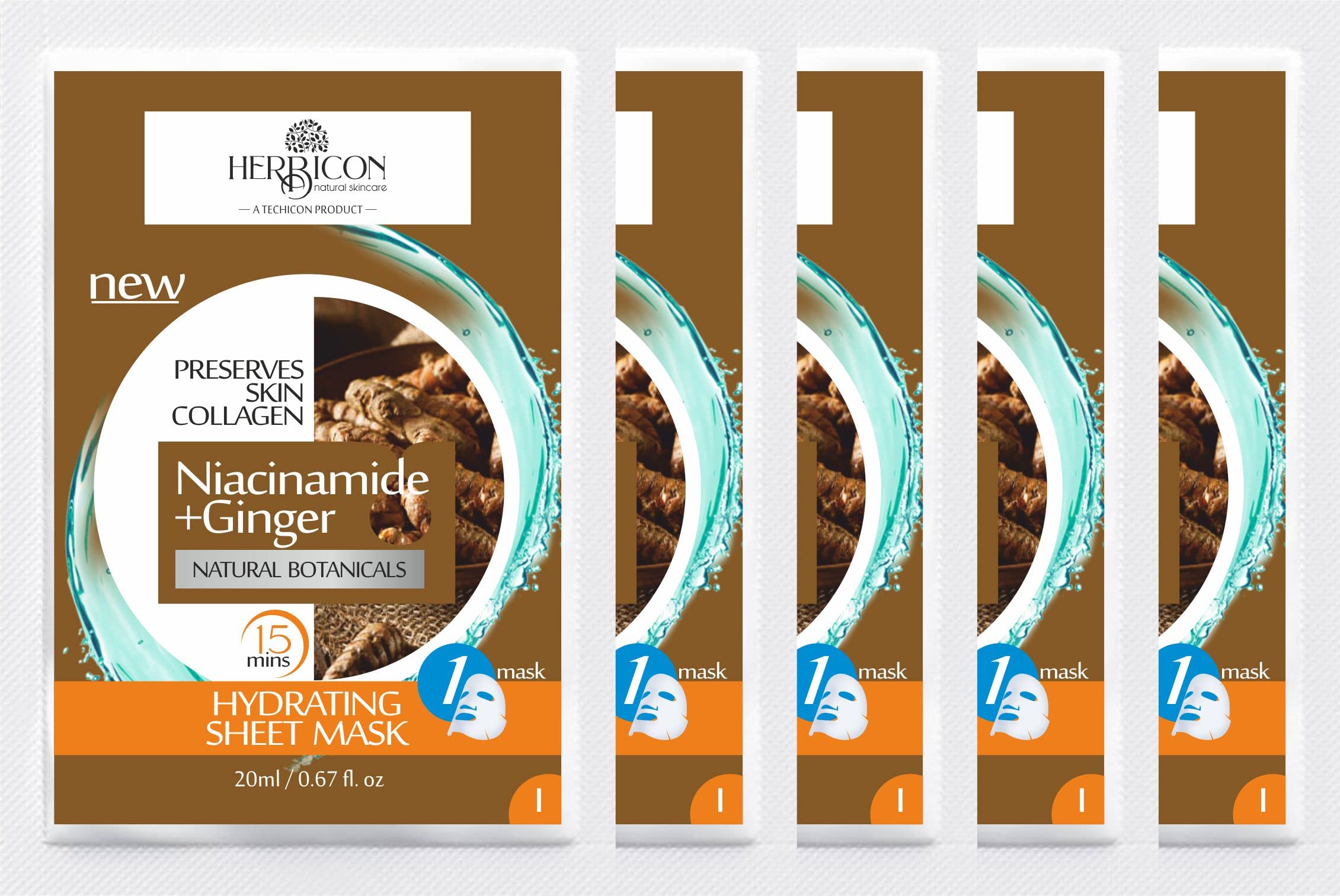 Niacinamide Face Sheet Mask with Ginger Extract for Clear & Glowing Skin - Brightening & Hydrating Facial Mask for Dark Spots & Acne - 20g (5 Pack) | Perfect for Daily Skincare Routine & Spa Night