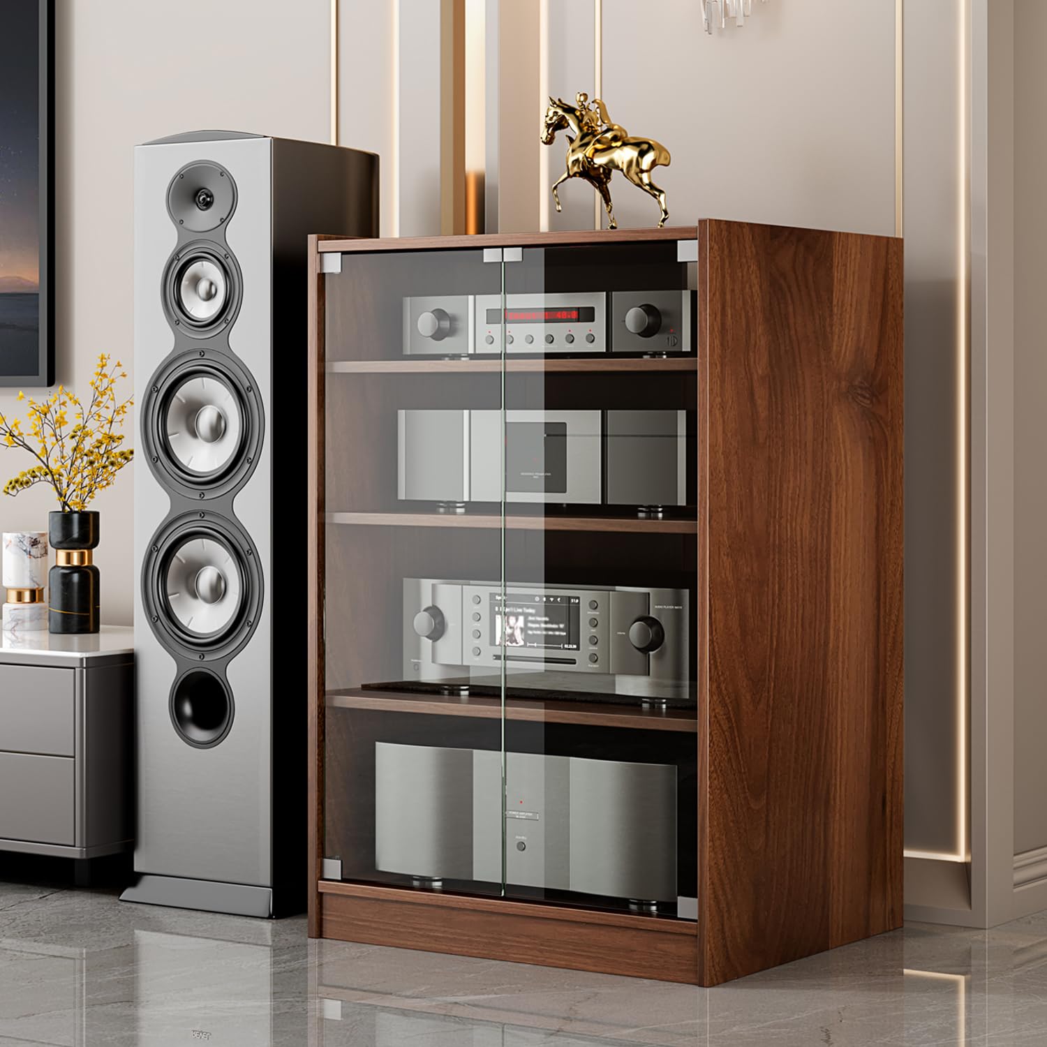 4-Tier Modern TV Stand with Glass Doors - Adjustable Height AV Media Cabinet for Entertainment Center, Stereo Components & Gaming Console Storage - Perfect for Living Room, Bedroom & Home Theater (Brown)