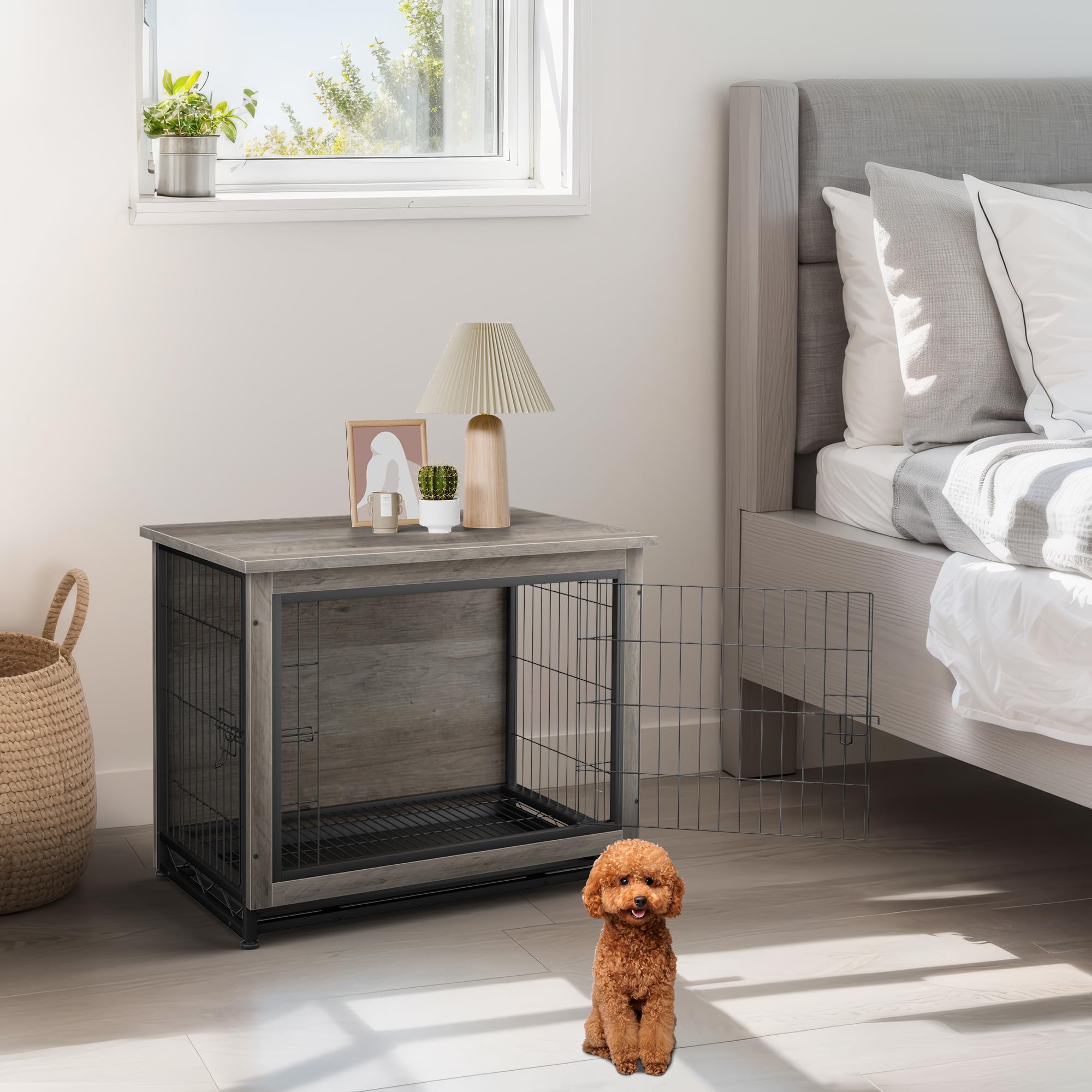 Premium Wooden Dog Crate Furniture with Double Doors - Indoor Kennel Cage for Small to Medium Dogs - Stylish Grey Pet Crate Table for Living Room, Bedroom & Home Decor