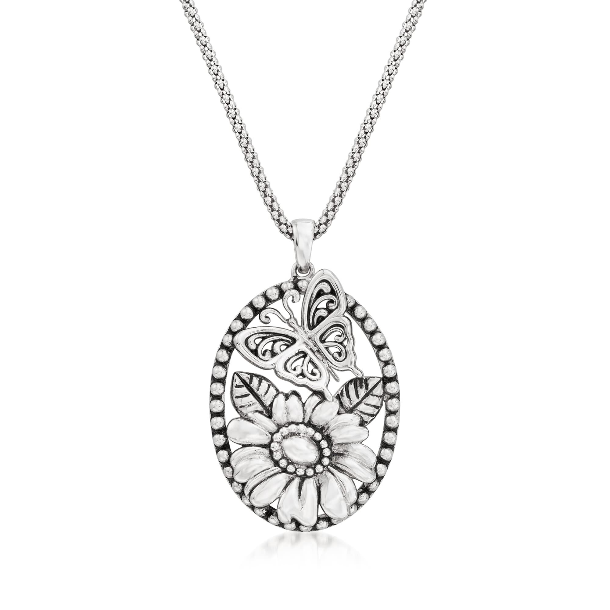 Ross-Simons Sterling Silver Flower & Butterfly Pendant Necklace for Women - Elegant Jewelry Gift for Birthday, Anniversary & Special Occasions
