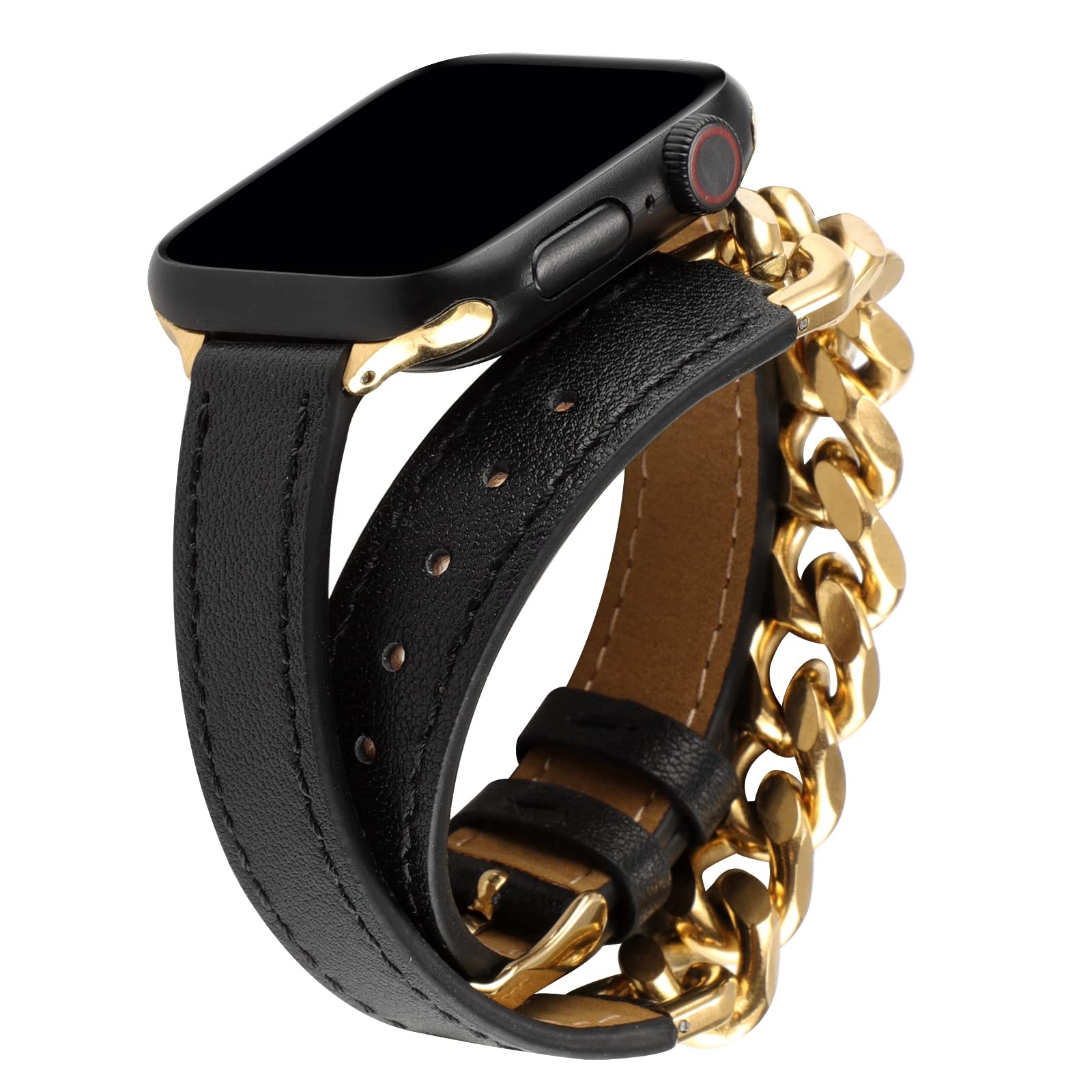 Premium Stainless Steel Leather Band for Apple Watch Series 9/8/7/6/5/4/3/2/SE/Ultra - 49mm 45mm 44mm 42mm 41mm 40mm 38mm Sizes - Cowboy Cuban Chain Bracelet for Men & Women - Perfect for Workouts, Office Wear & Casual Fashion
